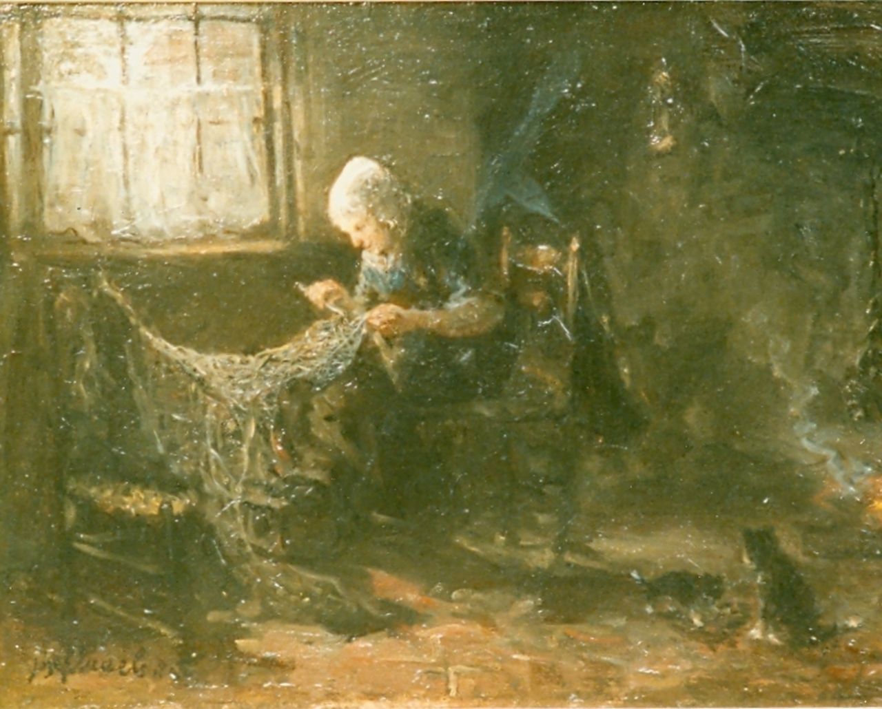 Israëls J.  | Jozef Israëls, Mending nets, Öl auf Holz 32,9 x 44,2 cm, signed l.l.