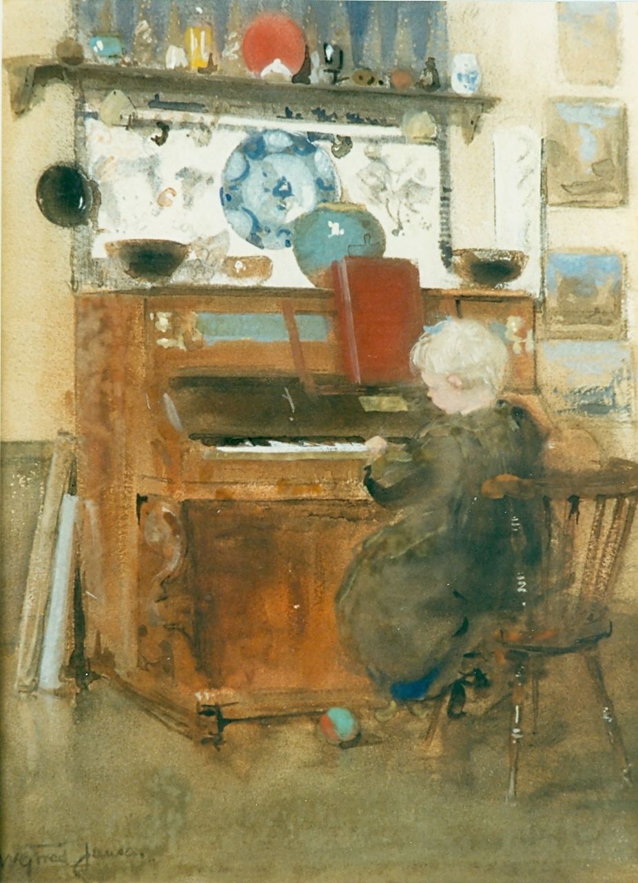 Jansen W.G.F.  | 'Willem' George Frederik Jansen, Girl playing the piano, Aquarell und Gouache auf Papier 34,0 x 25,0 cm, signed l.l.