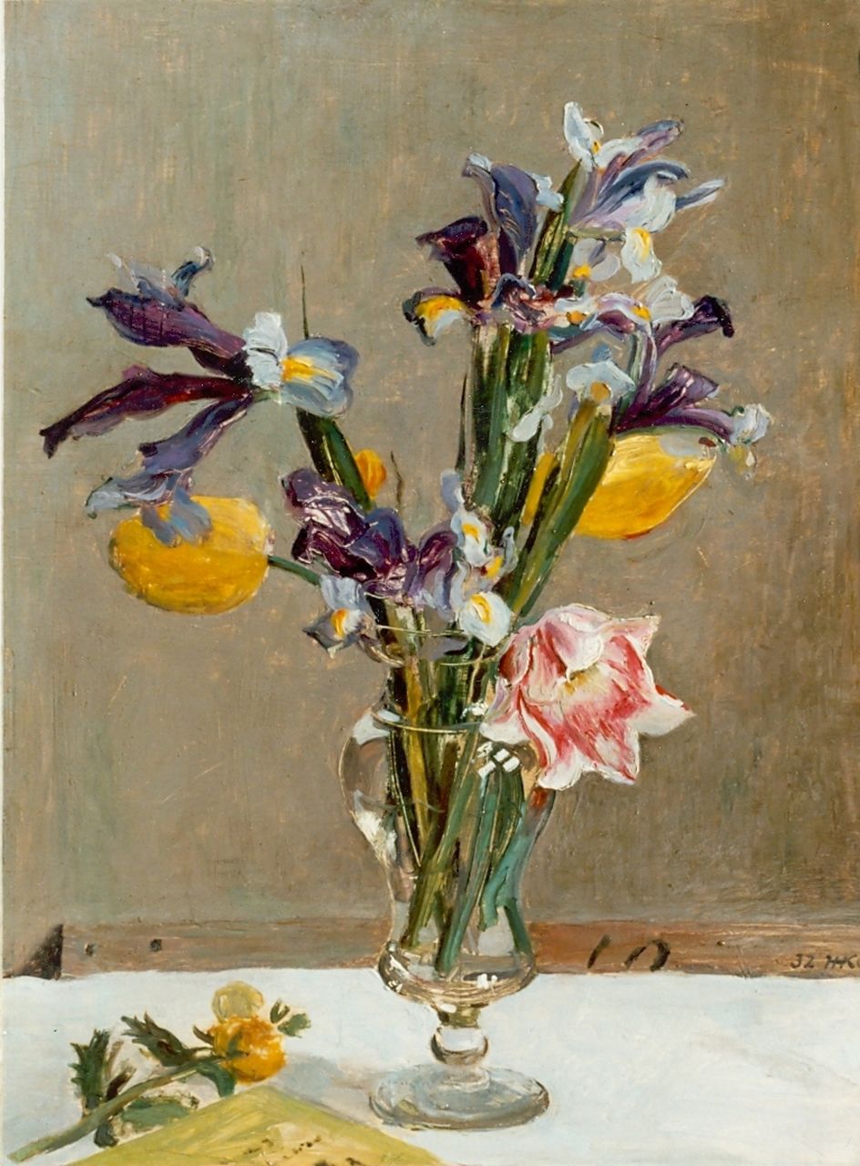 Kamerlingh Onnes H.H.  | 'Harm' Henrick Kamerlingh Onnes, A flower still life, Öl auf Holz 45,5 x 34,2 cm, signed monogram l.r. und dated '32