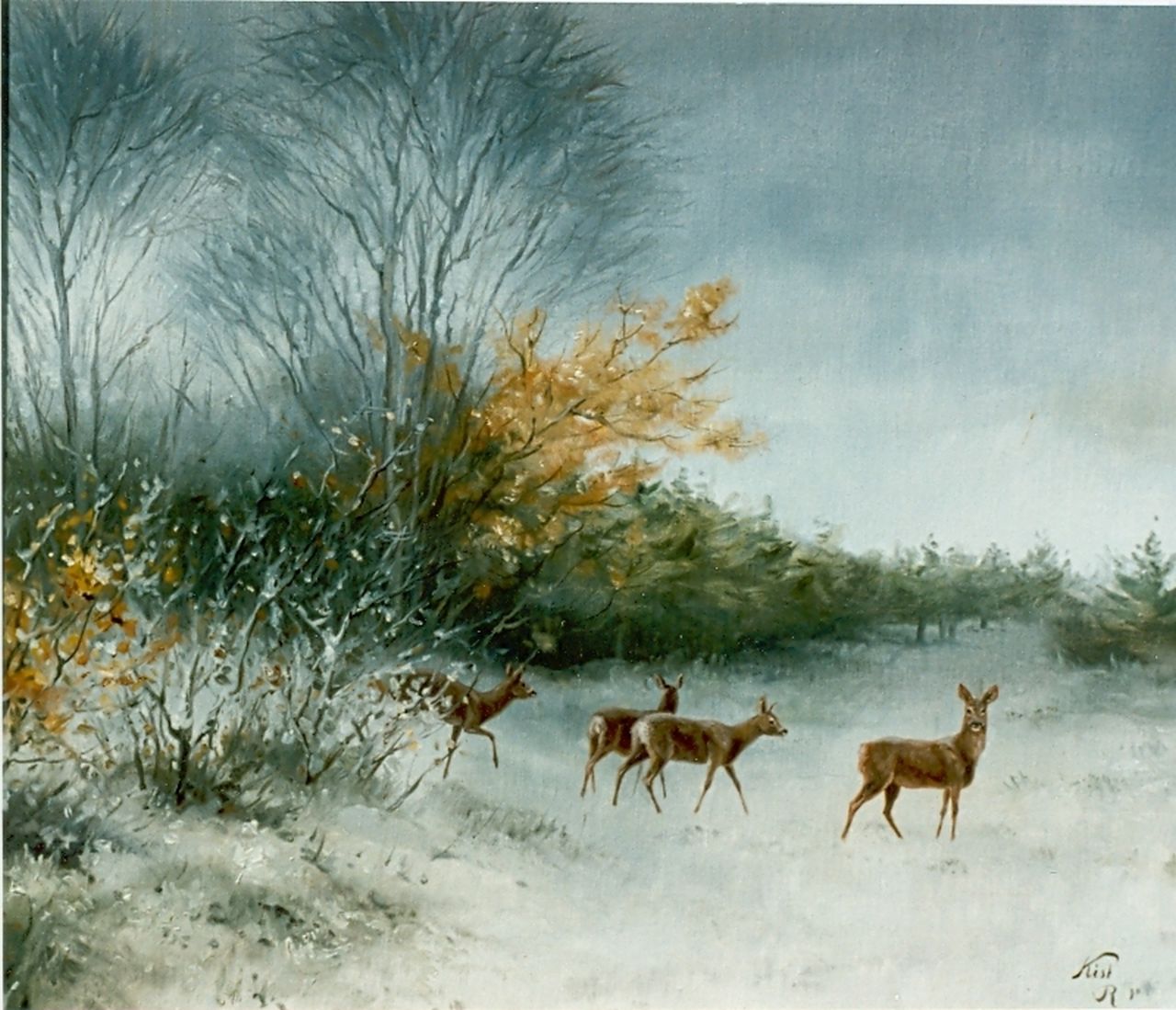 Kiss R.  | Richard Kiss, A winter landscape with deer, Öl auf Leinwand auf Holz 50,0 x 80,0 cm, signed l.l. und dated '90