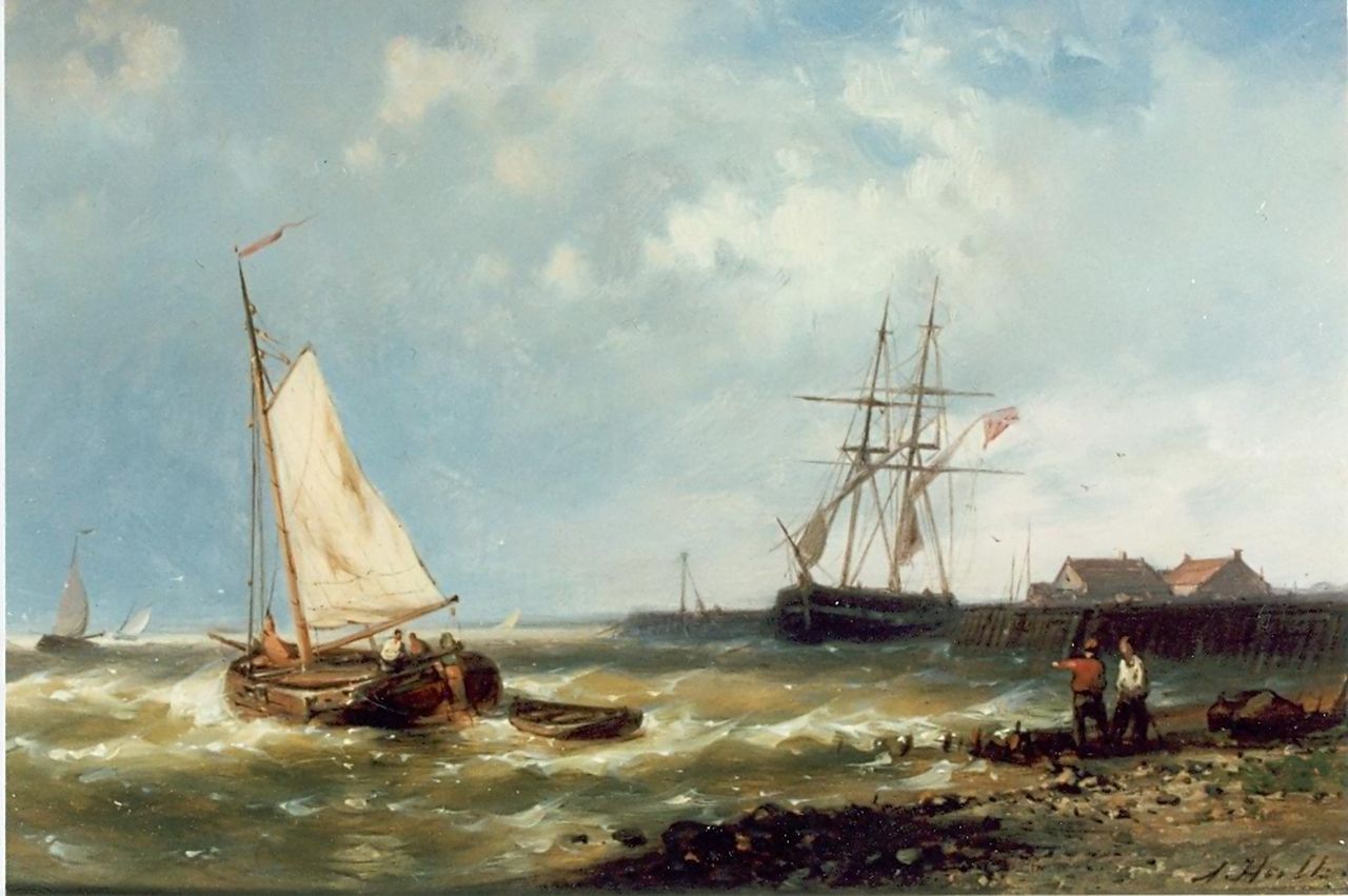 Hulk A.  | Abraham Hulk, Sailing boats near the Dutch coast, Öl auf Holz 17,5 x 25,5 cm, signed l.r.