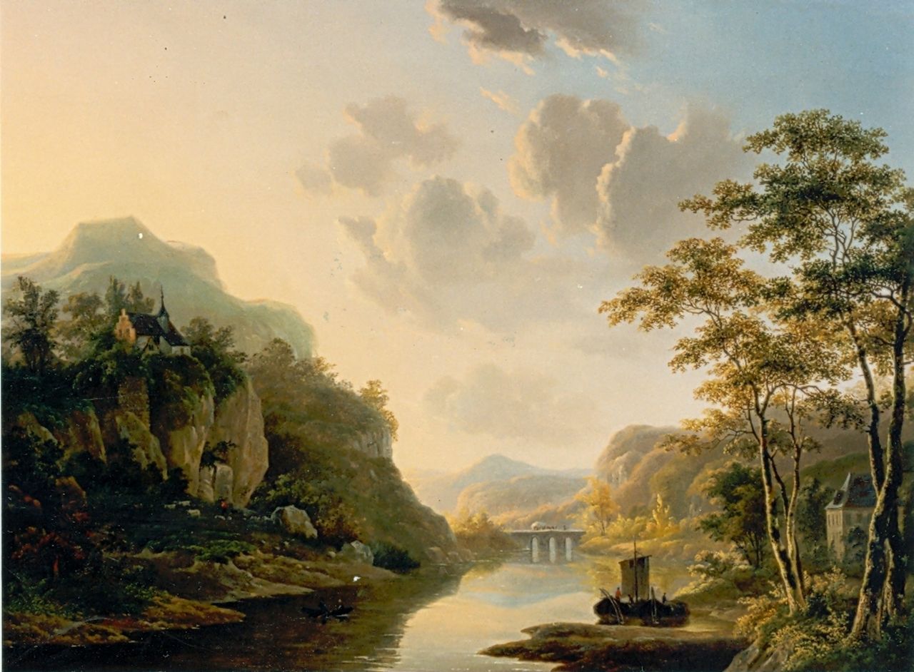 Klerk W. de | Willem de Klerk, Mountainous river landscape, Öl auf Holz 48,0 x 64,5 cm, signed l.r.