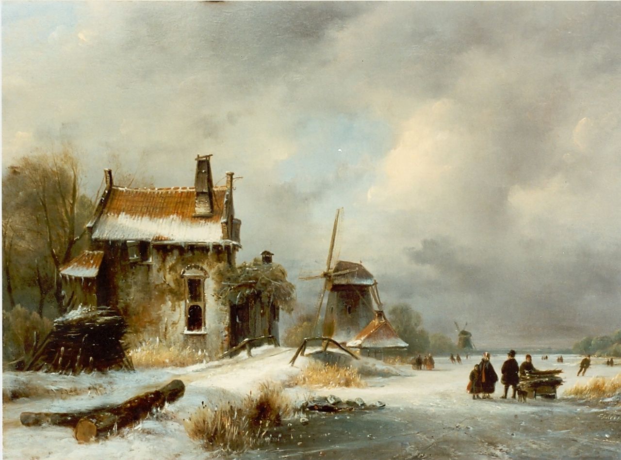 Kleijn L.J.  | Lodewijk Johannes Kleijn, A winter landscape with figures on the ice, Öl auf Holz 31,5 x 43,5 cm, signed l.r.