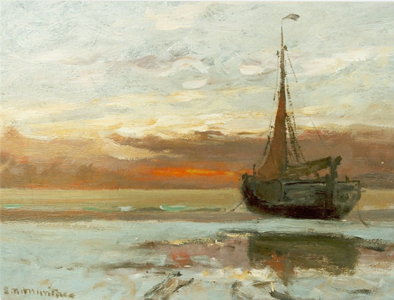 Munthe G.A.L.  | Gerhard Arij Ludwig 'Morgenstjerne' Munthe, A 'bomschuit' on the beach at sunset, Öl auf Leinwand 31,0 x 40,3 cm, signed l.l.