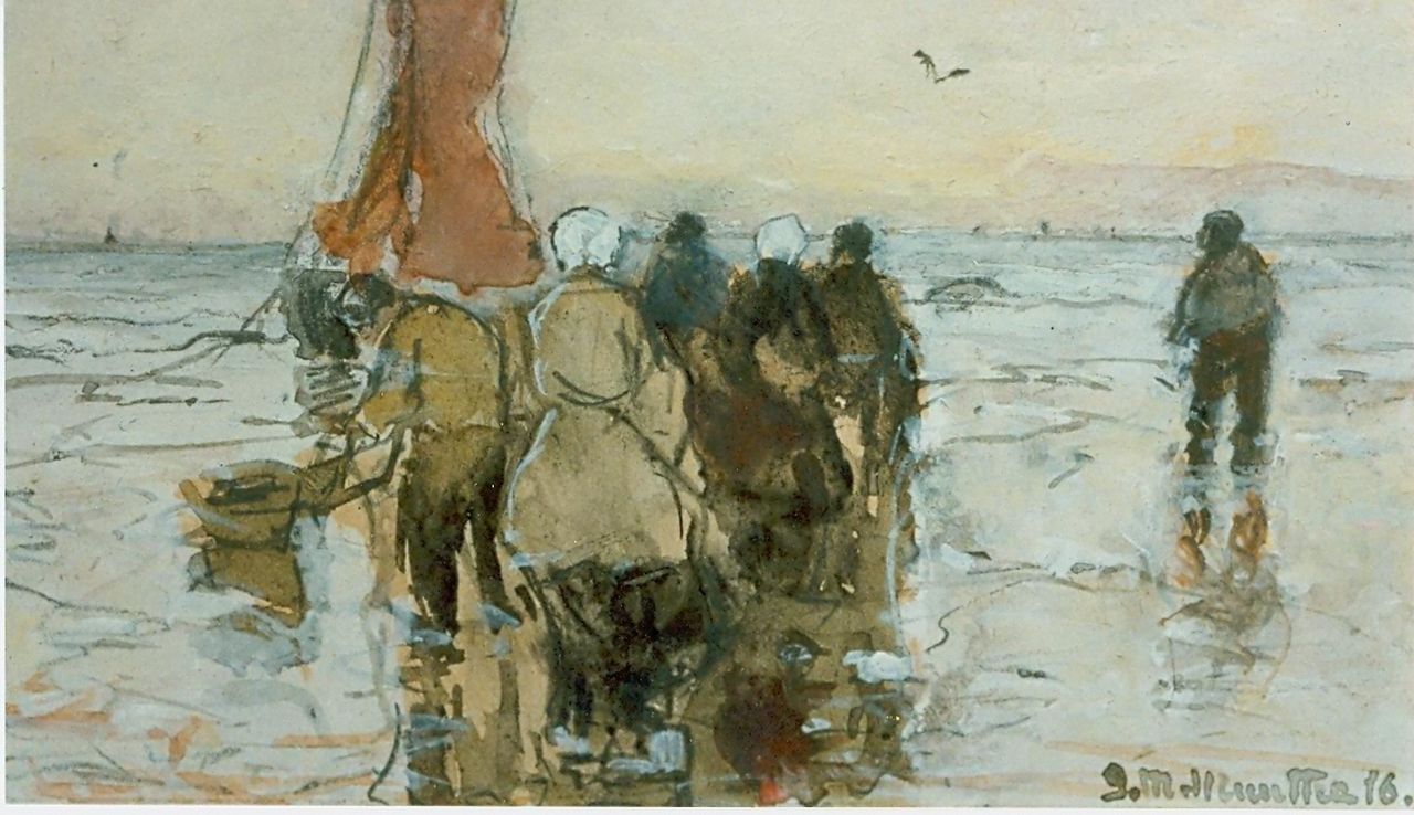 Munthe G.A.L.  | Gerhard Arij Ludwig 'Morgenstjerne' Munthe, Fishermen on the beach, Aquarell auf Papier 6,9 x 10,8 cm, signed l.r. und dated '16