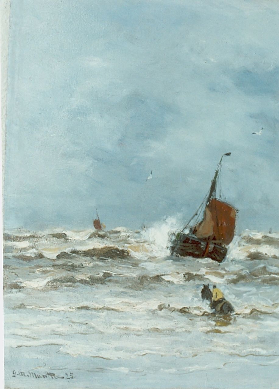 Munthe G.A.L.  | Gerhard Arij Ludwig 'Morgenstjerne' Munthe, Fishing boat in the surf, Öl auf Holz 34,5 x 26,2 cm, signed l.l. und dated '25