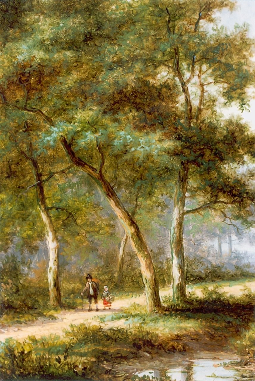 Morel I J.E.  | Jan Evert Morel I, Travellers in a wooded landscape, Öl auf Holz 18,0 x 13,8 cm, signed l.r.