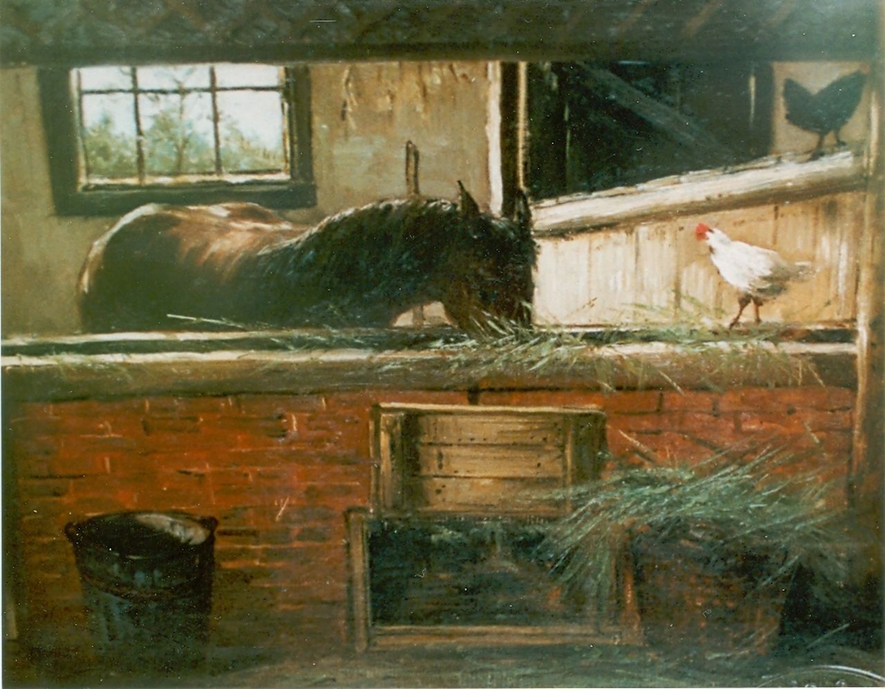 Mesdag H.W.  | Hendrik Willem Mesdag, Horse-stable, Öl auf Leinwand auf Holz 28,2 x 36,0 cm, signed monogram l.l.