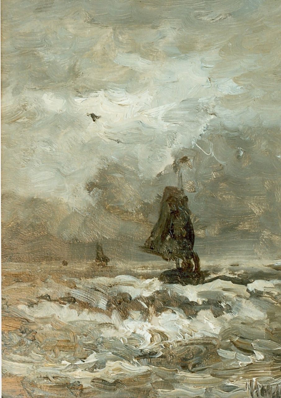 Mesdag H.W.  | Hendrik Willem Mesdag, Shipping at sea, Öl auf Holz 23,6 x 18,0 cm, signed l.r.