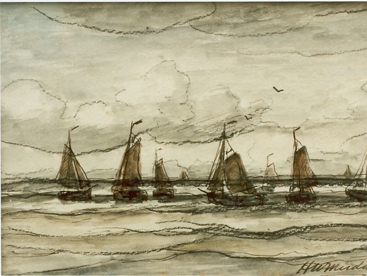 Mesdag H.W.  | Hendrik Willem Mesdag, Sailing boats in full sail, Aquarell auf Papier 13,6 x 19,6 cm, signed l.r.