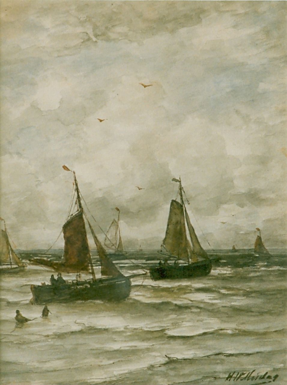 Mesdag H.W.  | Hendrik Willem Mesdag, Boats in full sail, Aquarell auf Papier 41,0 x 31,5 cm, signed l.r.