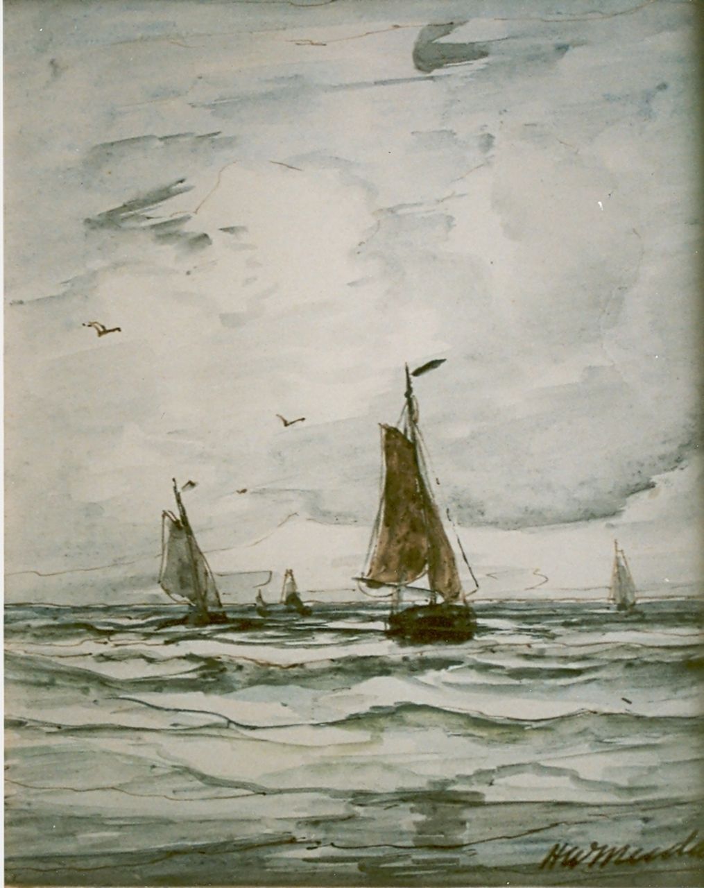 Mesdag H.W.  | Hendrik Willem Mesdag, Sailing vessels in full sail, Aquarell auf Papier 17,8 x 14,6 cm, signed l.r.
