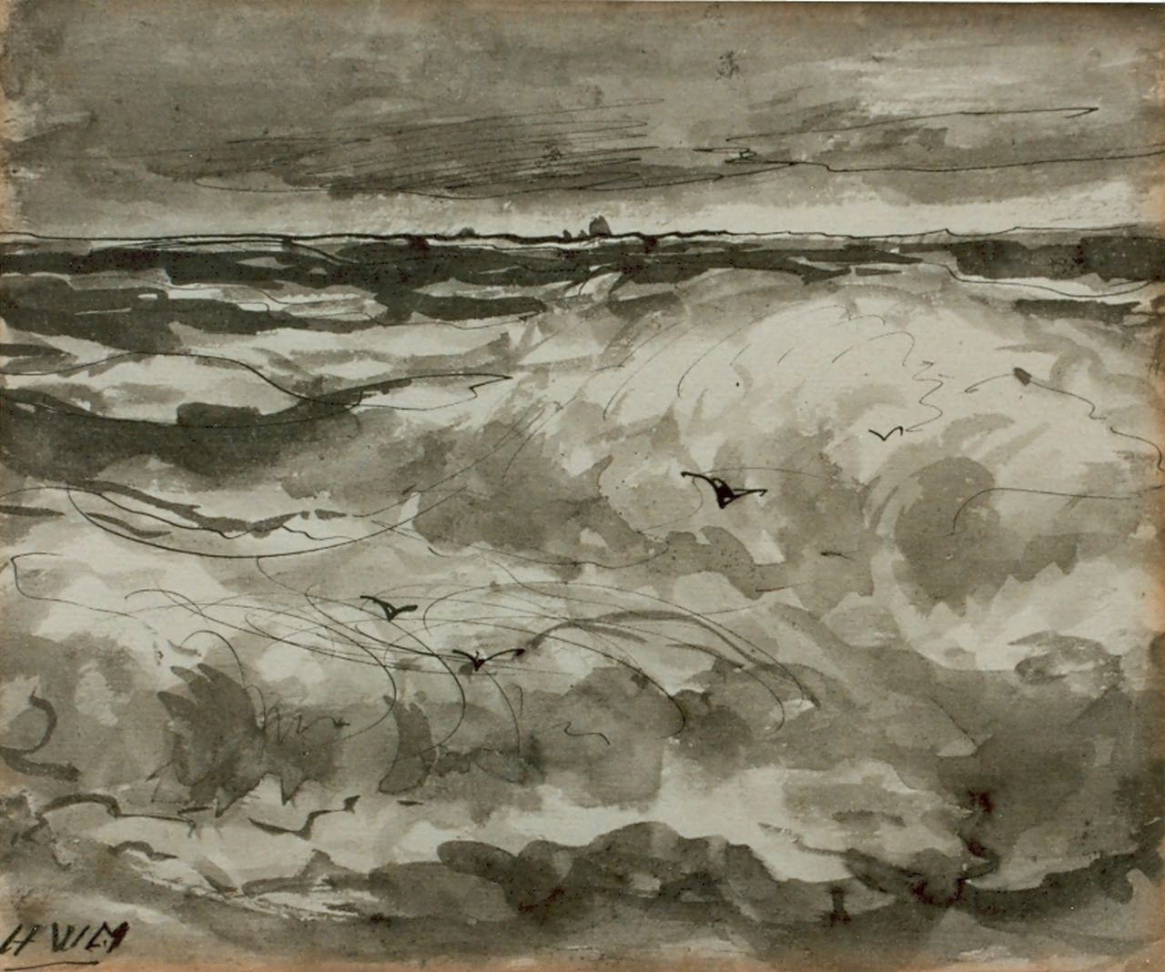 Mesdag H.W.  | Hendrik Willem Mesdag, Seascape, Feder und Tinte auf Papier 15,7 x 18,8 cm, signed l.l. with monogram