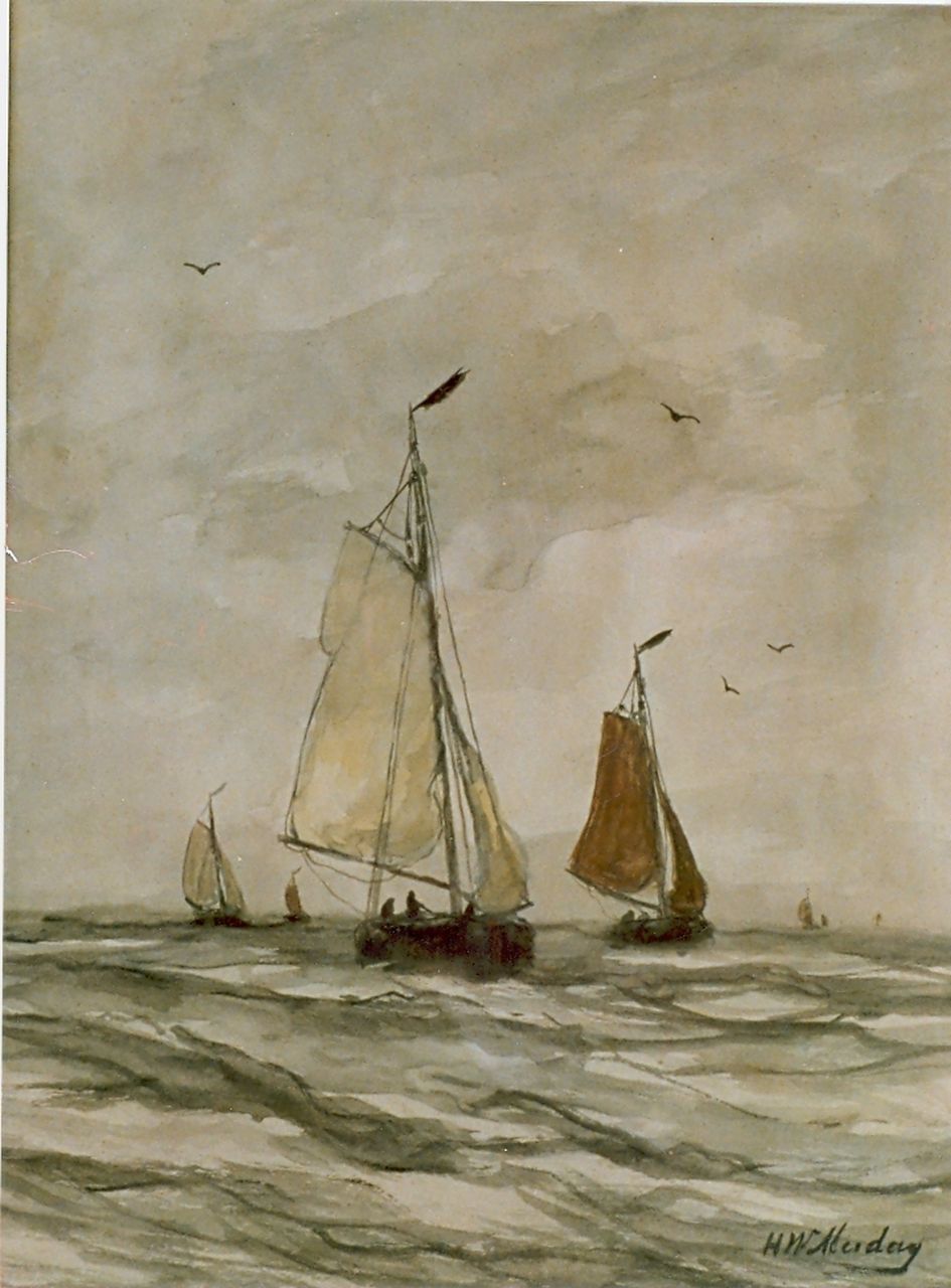 Mesdag H.W.  | Hendrik Willem Mesdag, Fishing boats at sea, Aquarell auf Papier 35,0 x 30,0 cm, signed l.r.