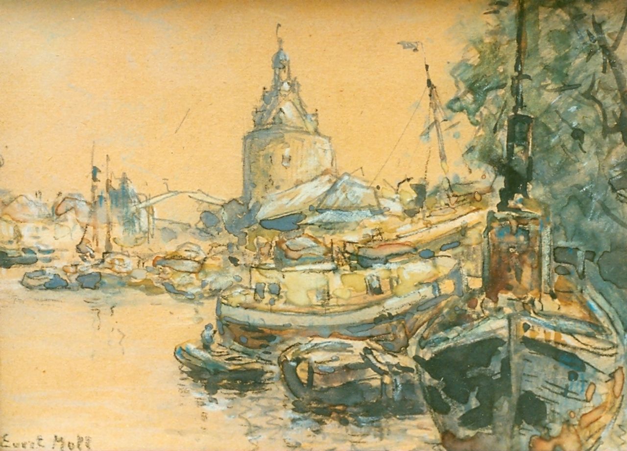 Moll E.  | Evert Moll, A view of the harbour of Enkhuizen, Aquarell auf Papier 11,5 x 17,0 cm, signed l.l.