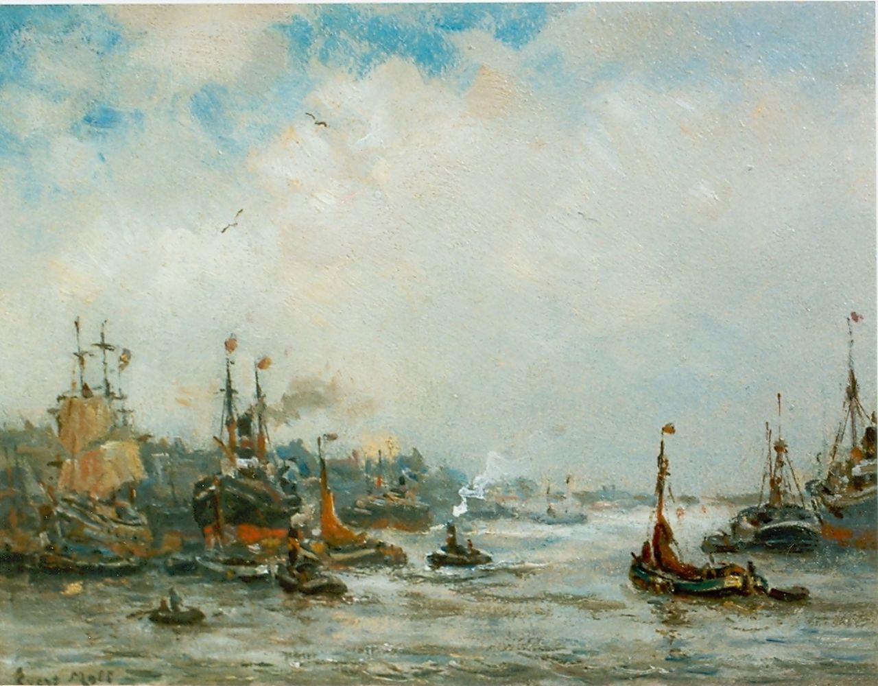 Moll E.  | Evert Moll, The harbour of Rotterdam, Öl auf Holzfaser 19,5 x 25,1 cm, signed l.l.