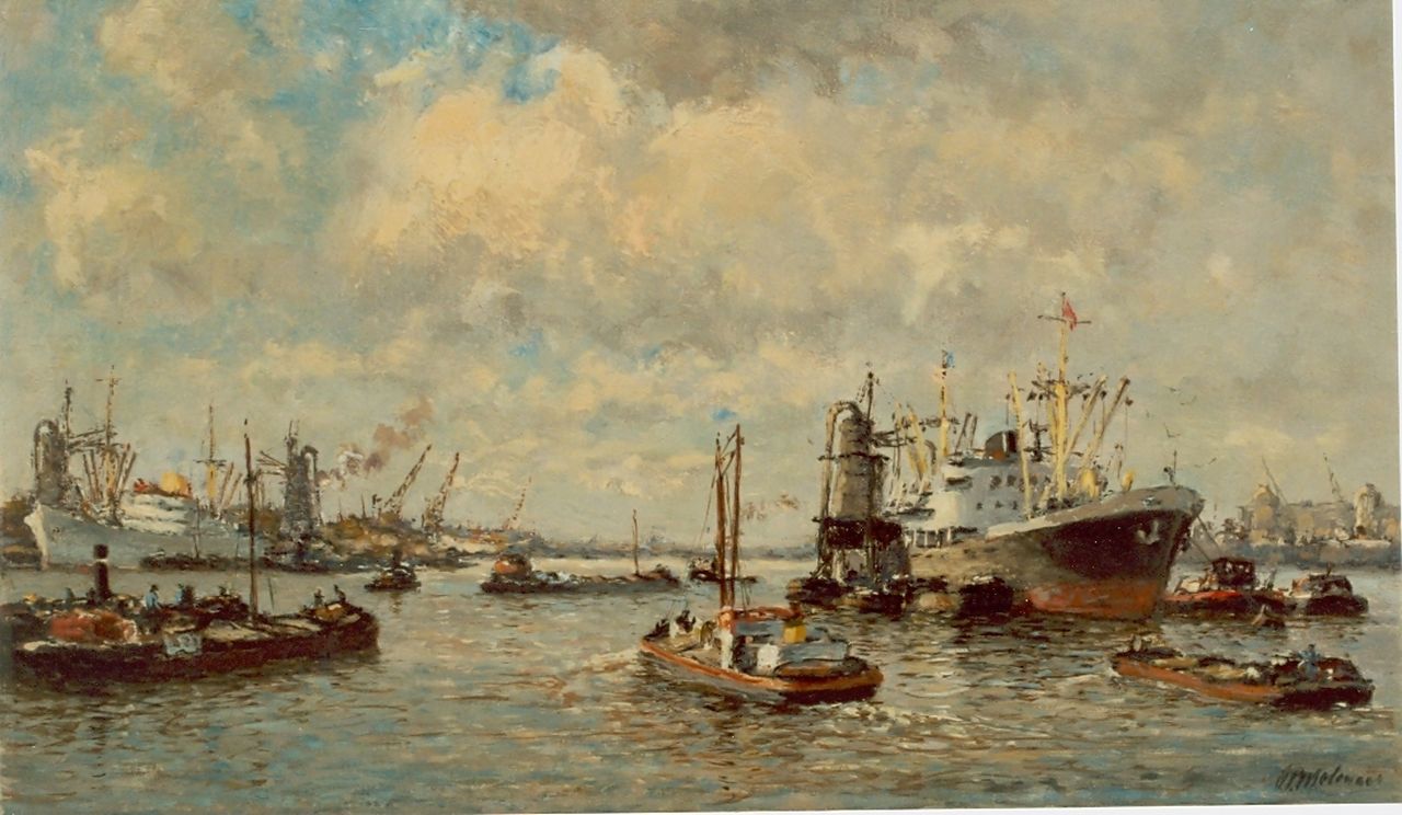 Molenaar J.P.  | Johannes Petrus 'Joop' Molenaar, Moored boats in the harbour of Rotterdam, Öl auf Leinwand 29,5 x 50,6 cm, signed l.r.