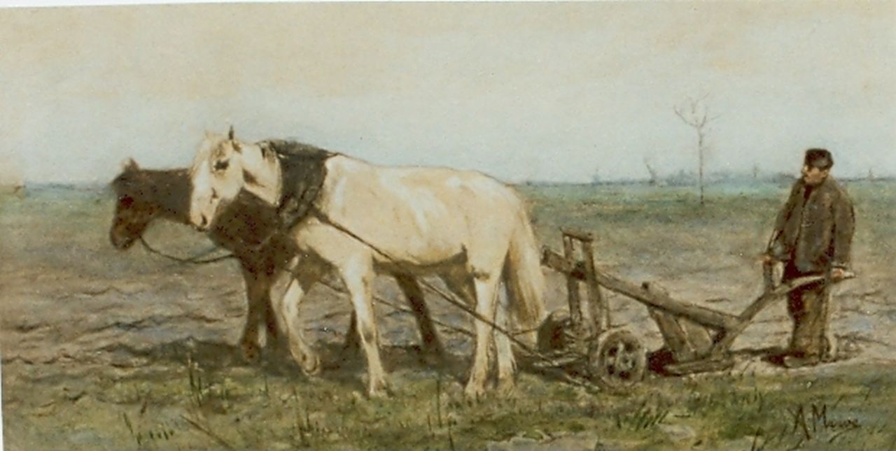Mauve A.  | Anthonij 'Anton' Mauve, A ploughing farmer, Aquarell auf Papier 20,2 x 37,0 cm, signed l.r.