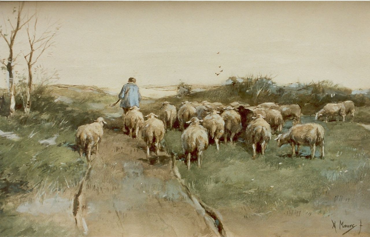 Mauve A.  | Anthonij 'Anton' Mauve, A shepherd and his flock, Aquarell auf Papier 31,5 x 52,0 cm, signed l.r.