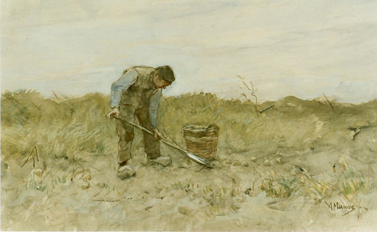 Mauve A.  | Anthonij 'Anton' Mauve, A farmer digging  potatoes, Aquarell auf Papier 27,5 x 45,0 cm, signed l.r.