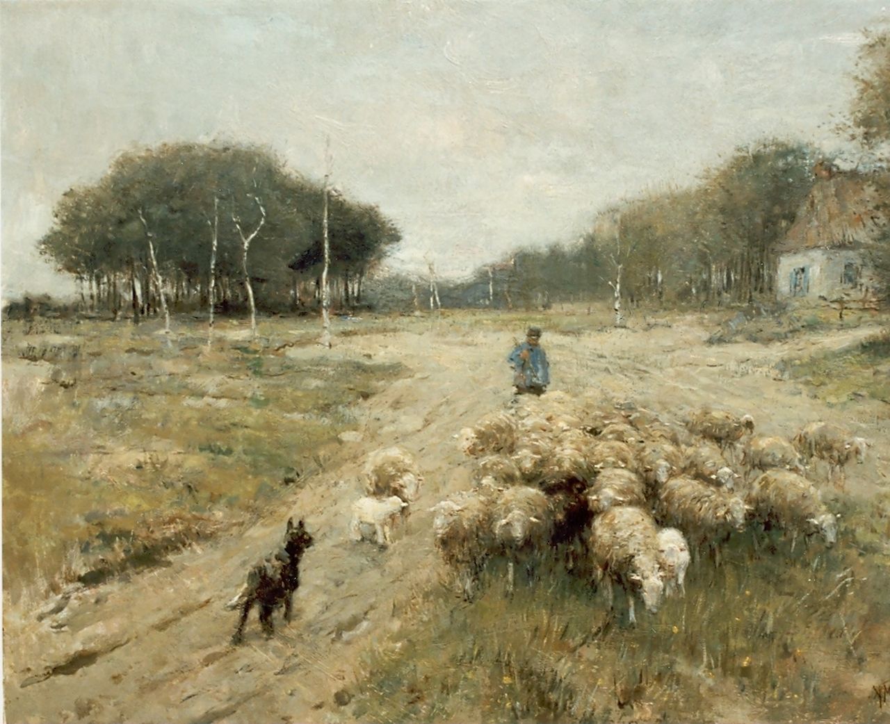 Mauve A.  | Anthonij 'Anton' Mauve, A shepherd and his flock, Öl auf Leinwand 60,5 x 80,2 cm, signed l.r.