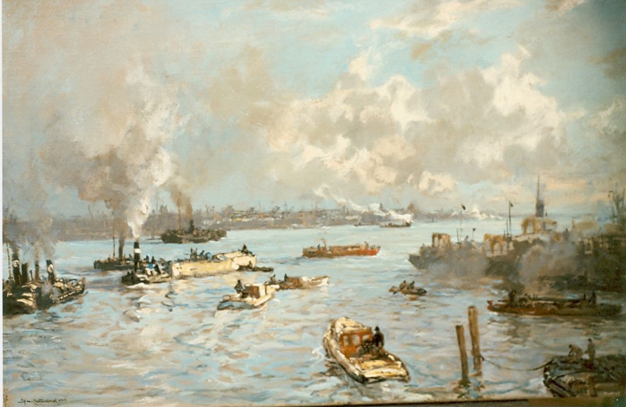 Mastenbroek J.H. van | Johan Hendrik van Mastenbroek, The harbour of Rotterdam, Öl auf Leinwand 'cirage' 47,7 x 71,7 cm, signed l.l. und dated 1928
