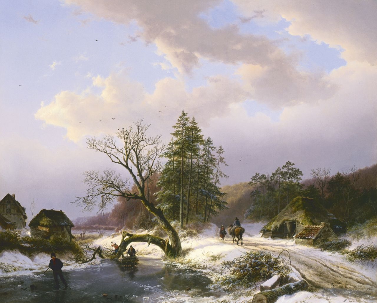 Koekkoek B.C.  | Barend Cornelis Koekkoek, A winter landscape with travellers on a country road, Öl auf Leinwand 59,0 x 71,2 cm