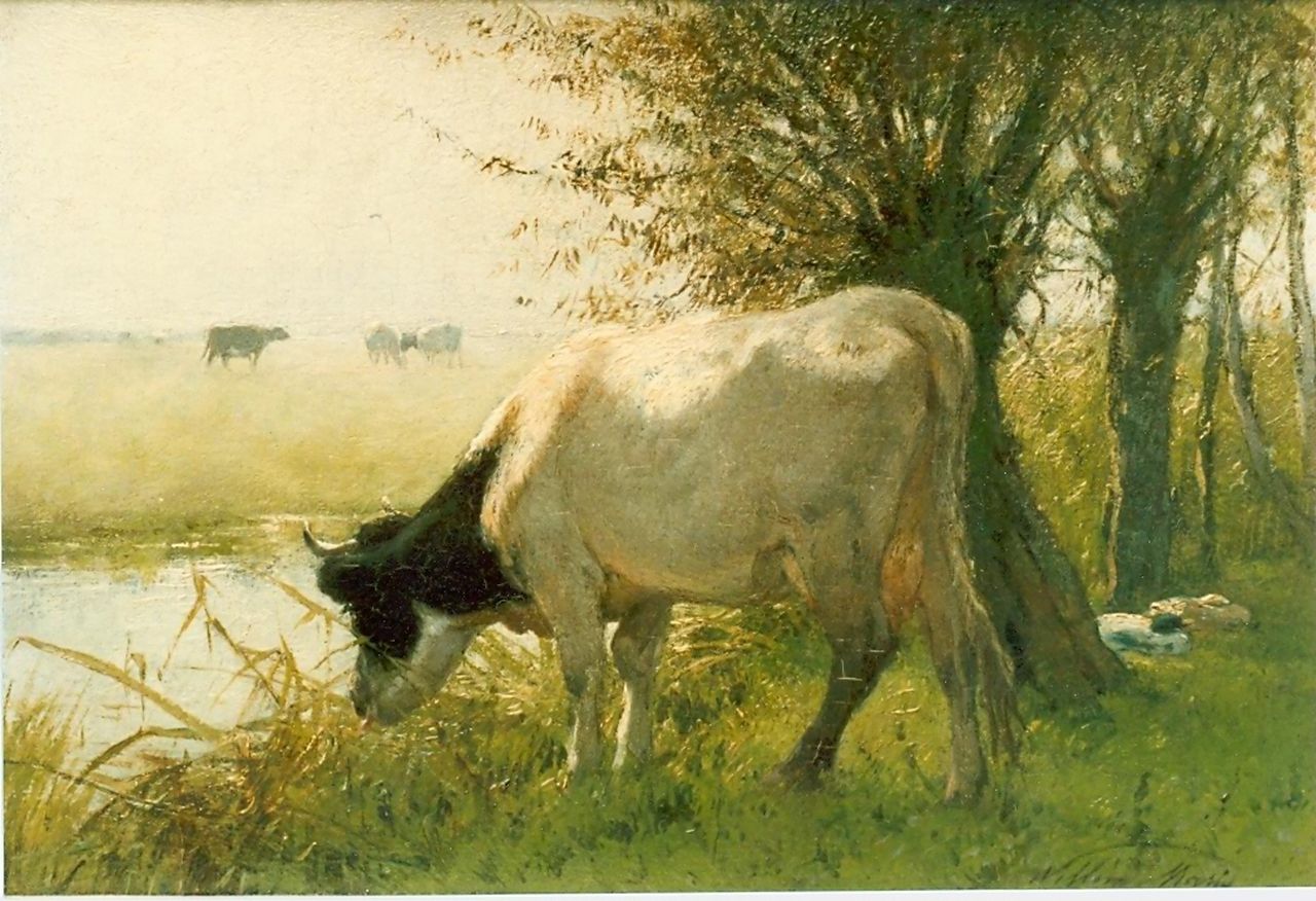 Maris W.  | Willem Maris, Watering cow, Öl auf Holz 17,5 x 25,7 cm, signed l.r.