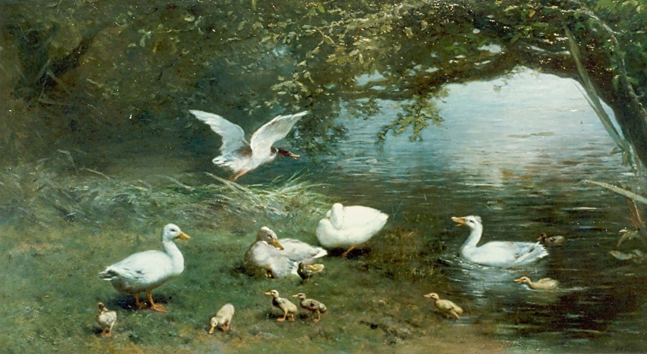 Maris W.  | Willem Maris, Ducks on the riverbank, Öl auf Leinwand 56,0 x 111,0 cm, signed l.r. und dated 1870