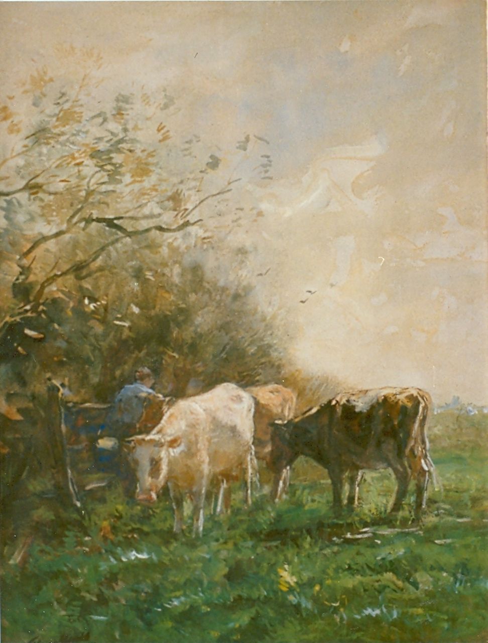 Maris W.  | Willem Maris, Milking yard, Aquarell auf Papier 43,0 x 33,0 cm, signed l.l.