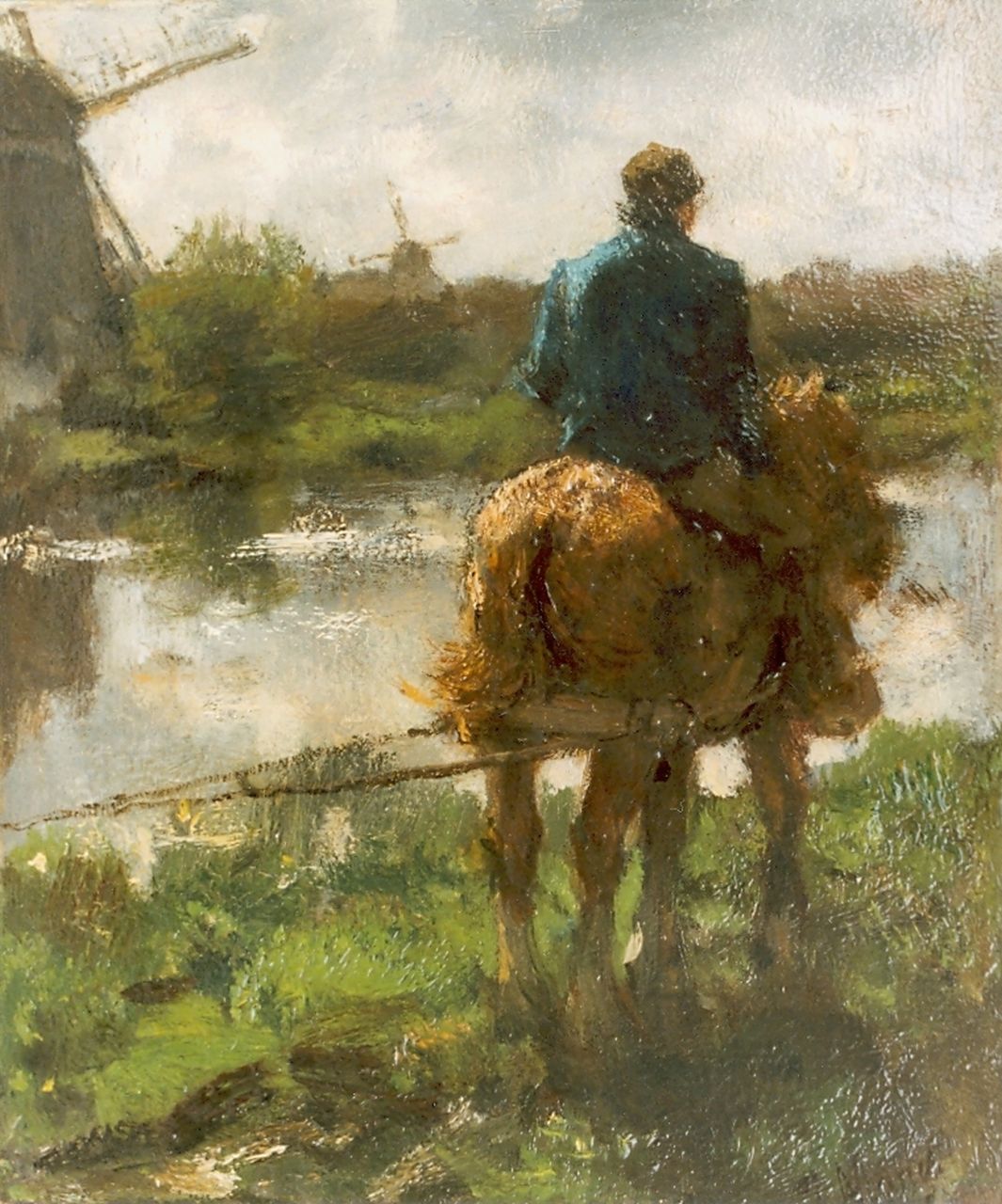 Maris J.H.  | Jacobus Hendricus 'Jacob' Maris, A polder landscape with a rider on a path, Öl auf Holz 26,7 x 22,5 cm, signed l.r.