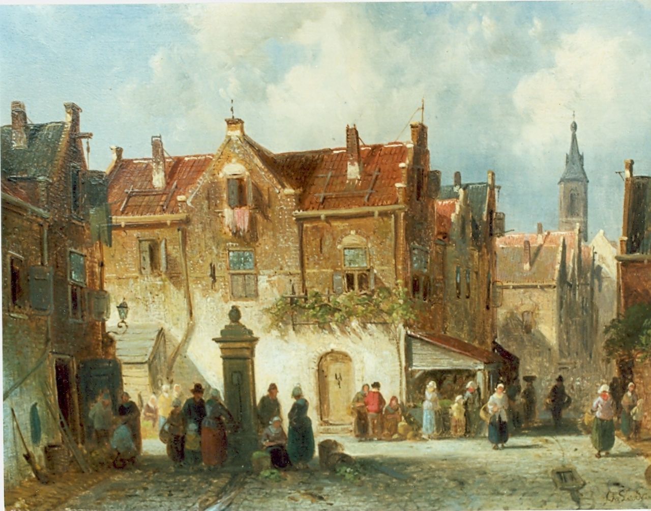 Leickert C.H.J.  | 'Charles' Henri Joseph Leickert, Village square, Öl auf Holz 20,6 x 27,0 cm, signed l.r.