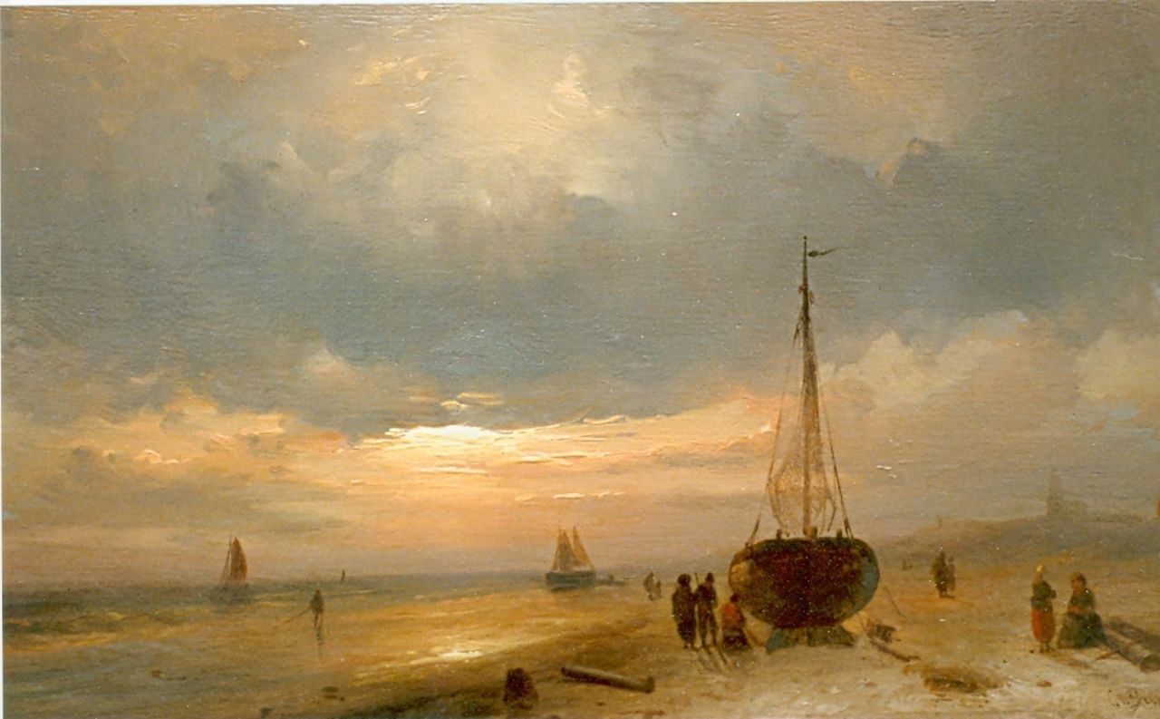 Leickert C.H.J.  | 'Charles' Henri Joseph Leickert, Figures on the beach at sunset, Öl auf Holz 17,3 x 29,8 cm, signed l.r.