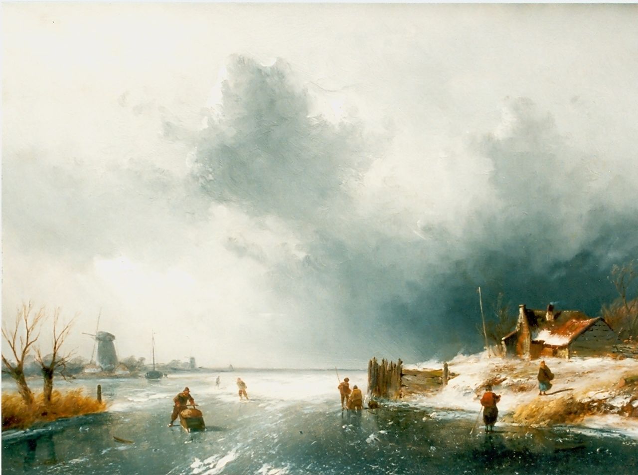 Leickert C.H.J.  | 'Charles' Henri Joseph Leickert, Skaters on a frozen waterway, Öl auf Holz 37,5 x 52,0 cm, signed l.l.