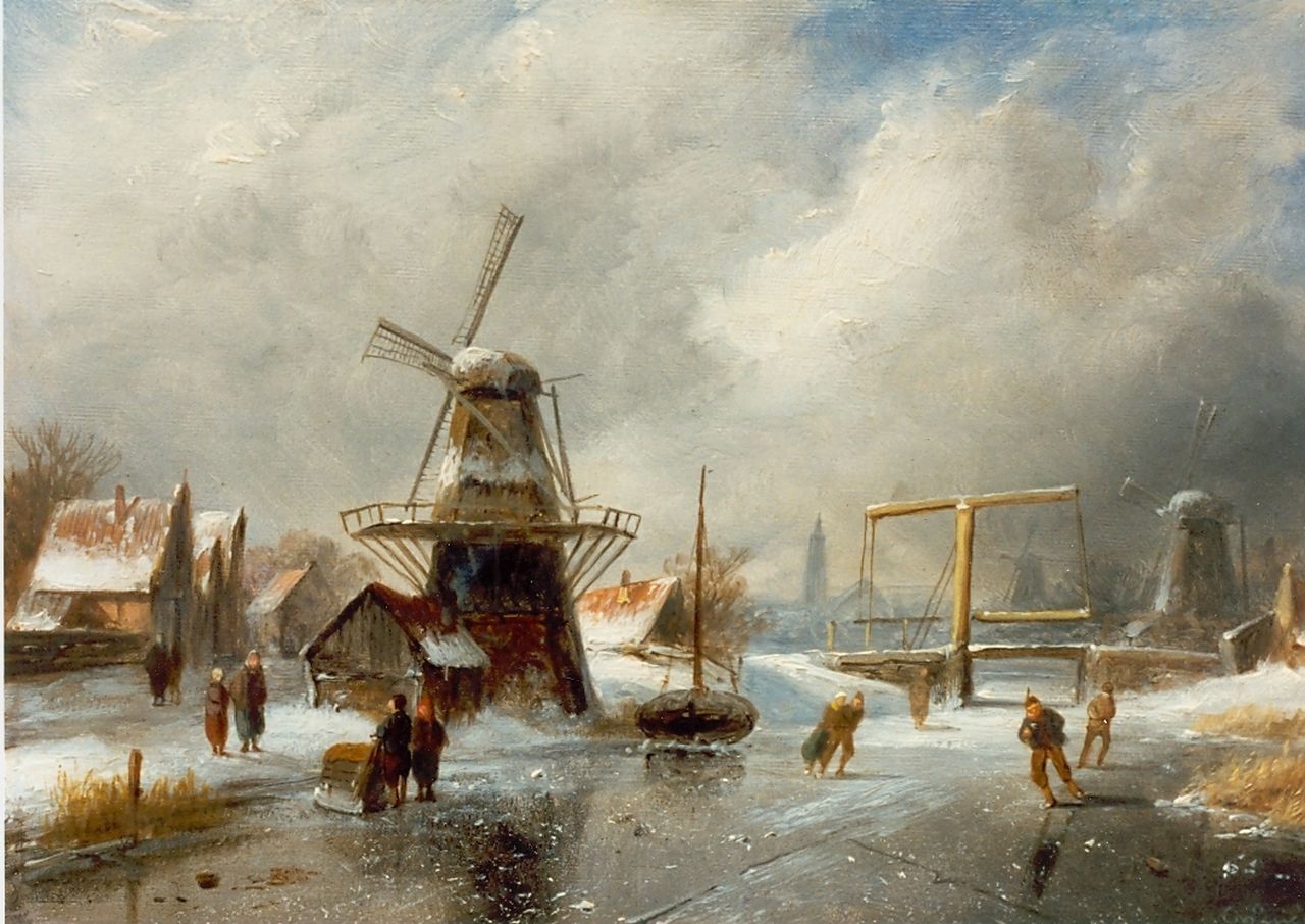 Leickert C.H.J.  | 'Charles' Henri Joseph Leickert, Skaters on the ice, Overtoom Amsterdam, Öl auf Holz 18,0 x 26,5 cm, signed l.r.