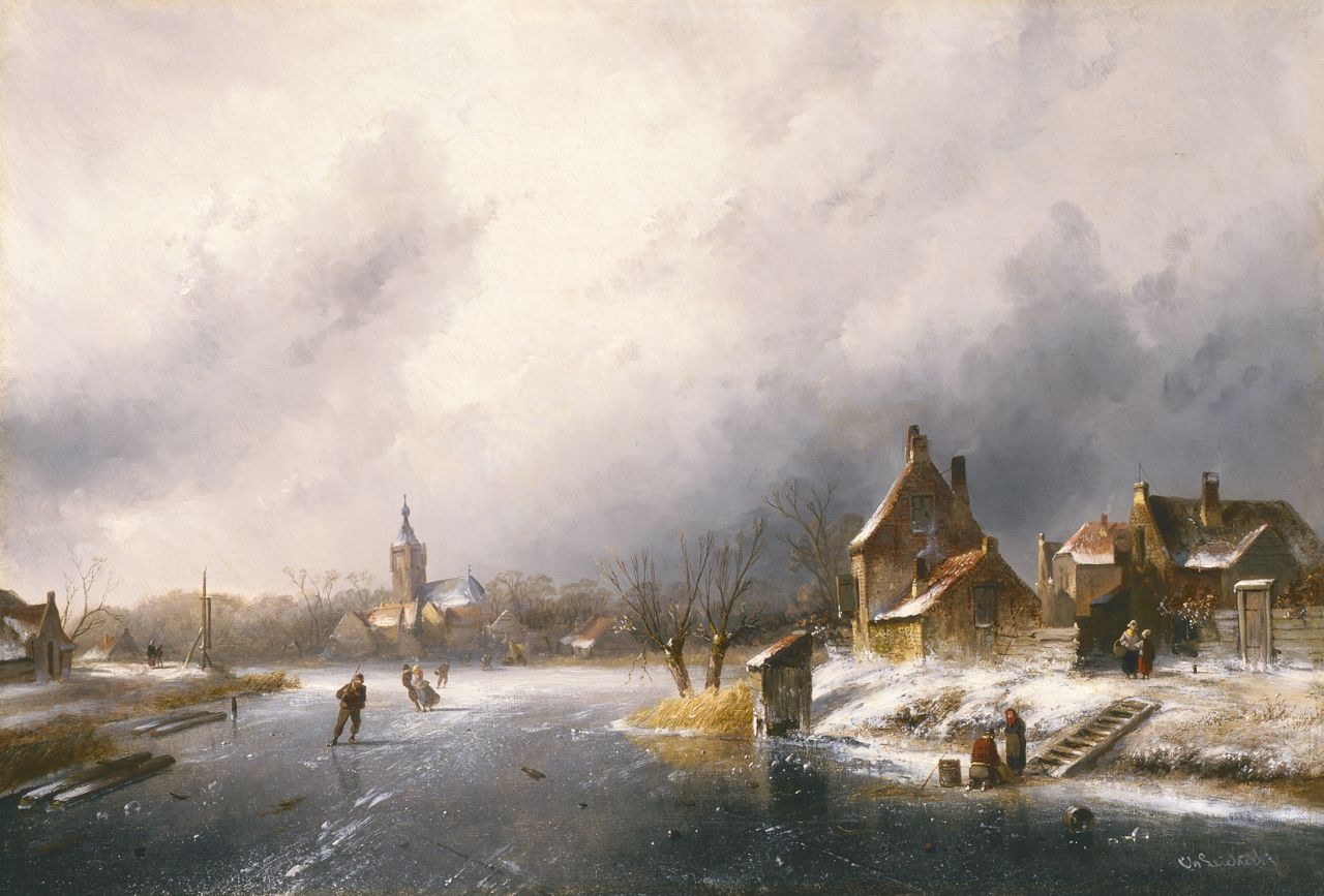 Leickert C.H.J.  | 'Charles' Henri Joseph Leickert, A winter landscape with skaters on the ice, Öl auf Leinwand 45,0 x 65,5 cm, signed l.r.