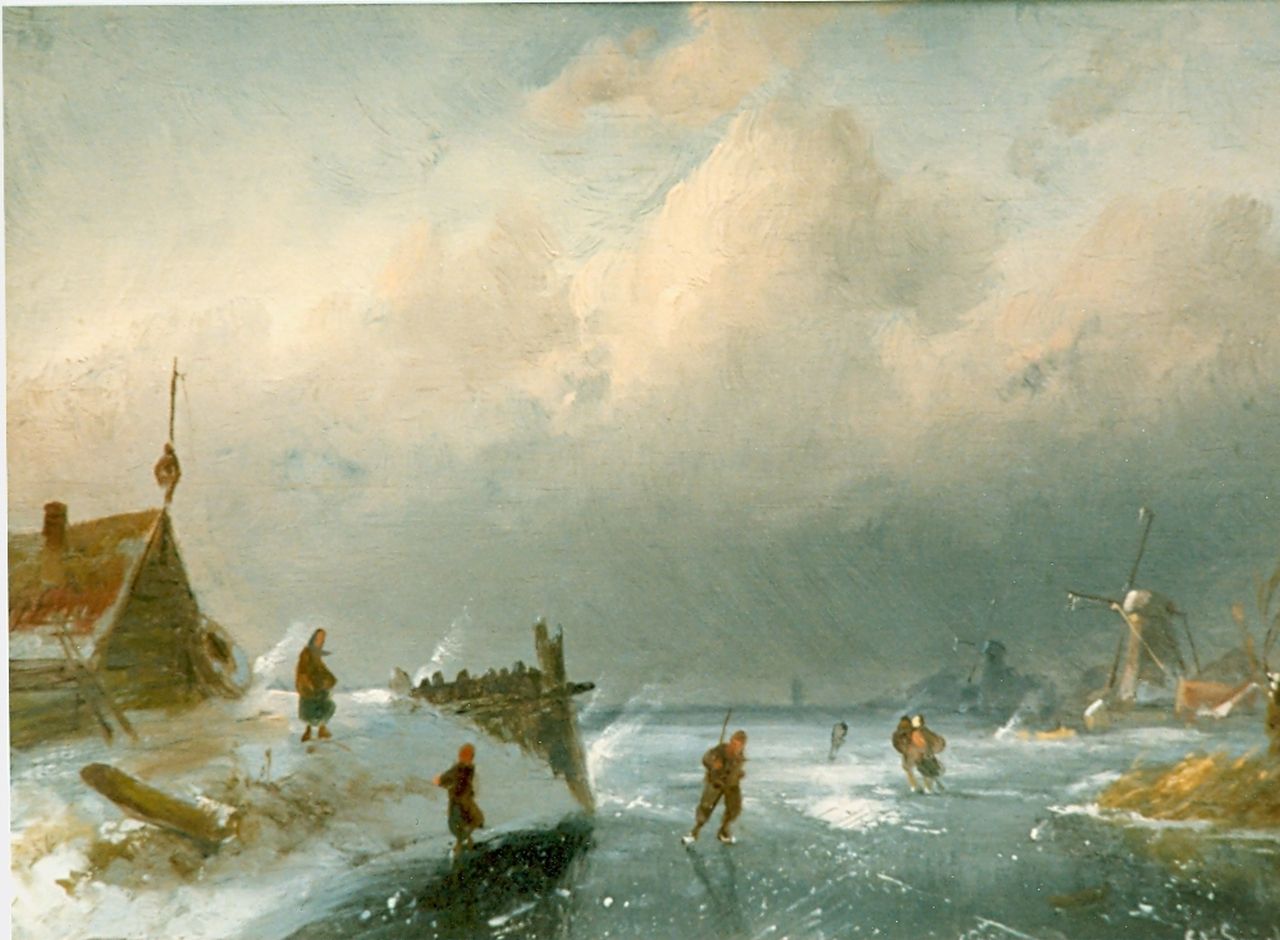 Leickert C.H.J.  | 'Charles' Henri Joseph Leickert, Skaters on a frozen waterway, Öl auf Holz 18,0 x 24,4 cm, signed l.r.