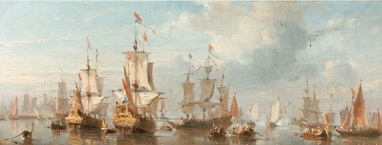 Koster E.  | Everhardus Koster, Naval battle, Öl auf Leinwand 13,5 x 19,5 cm, signed l.r.