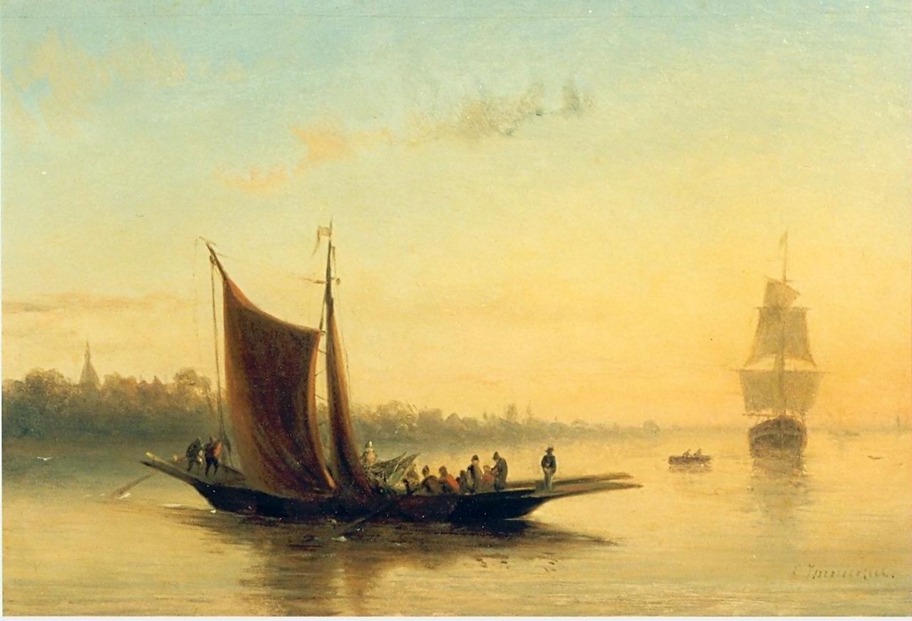 Immerzeel C.  | Christiaan Immerzeel, A Dutch riverlandscape with a ferry, Öl auf Holz 16,5 x 24,0 cm, signed l.r.