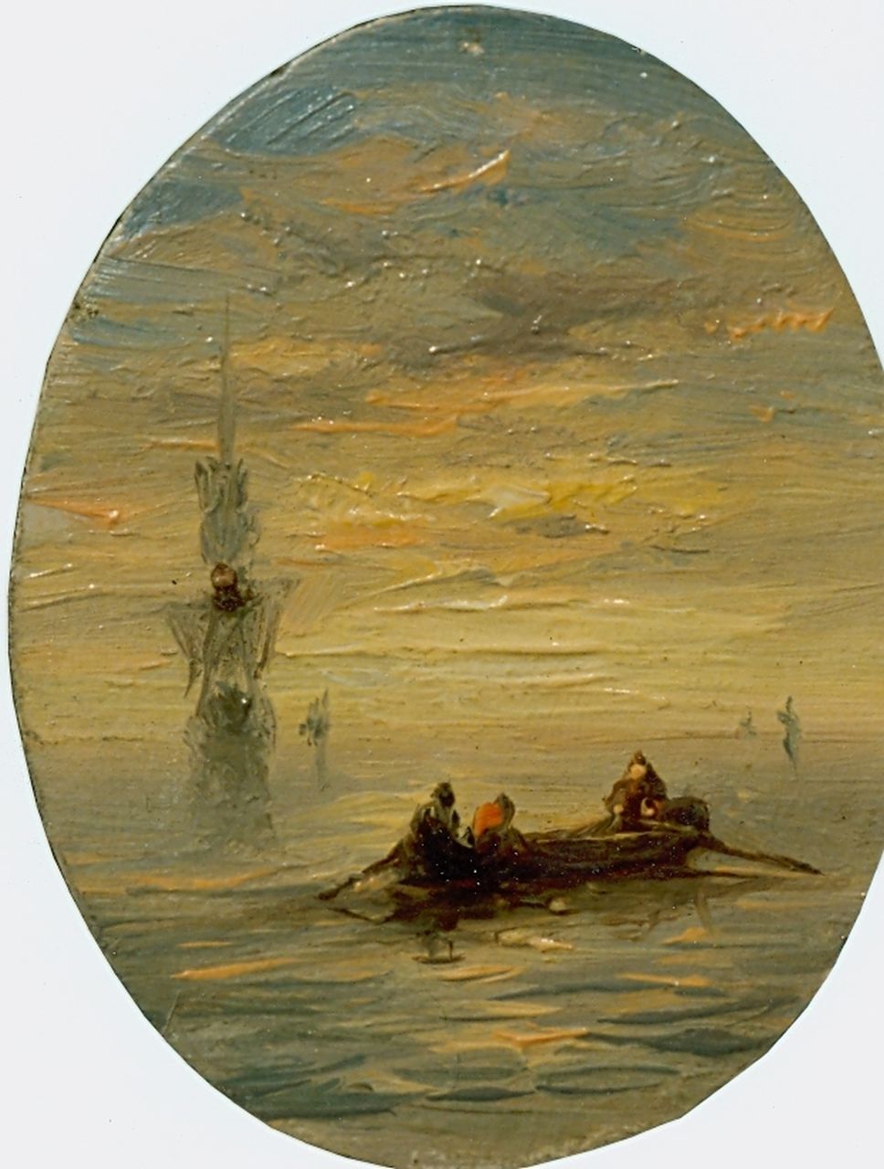 Koekkoek J.H.B.  | Johannes Hermanus Barend 'Jan H.B.' Koekkoek, Figures in a barge at sunset, Öl auf Holz