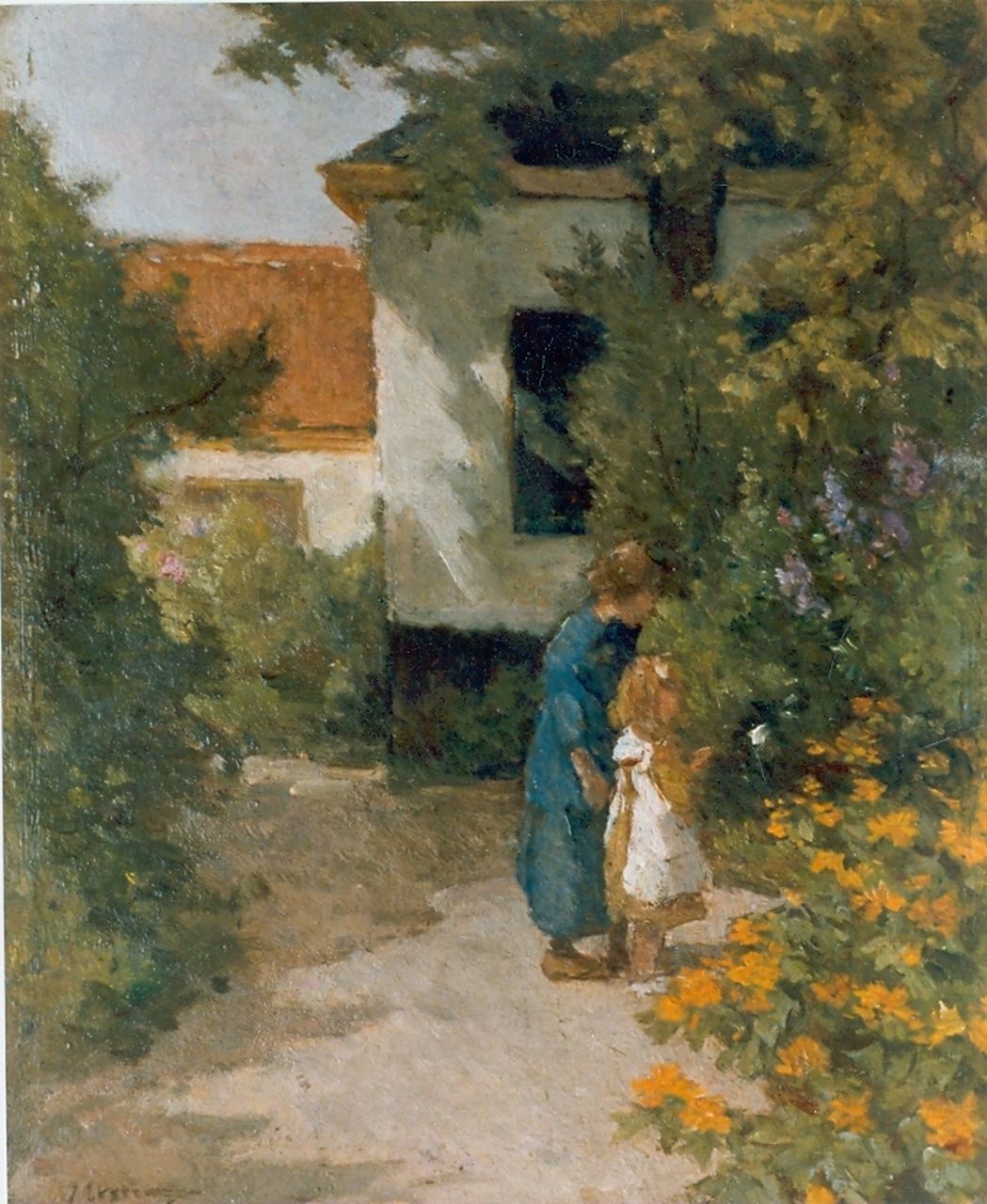 Akkeringa J.E.H.  | 'Johannes Evert' Hendrik Akkeringa, A flower garden with two girls, Öl auf Leinwand auf Holz 28,3 x 23,0 cm, signed l.l.