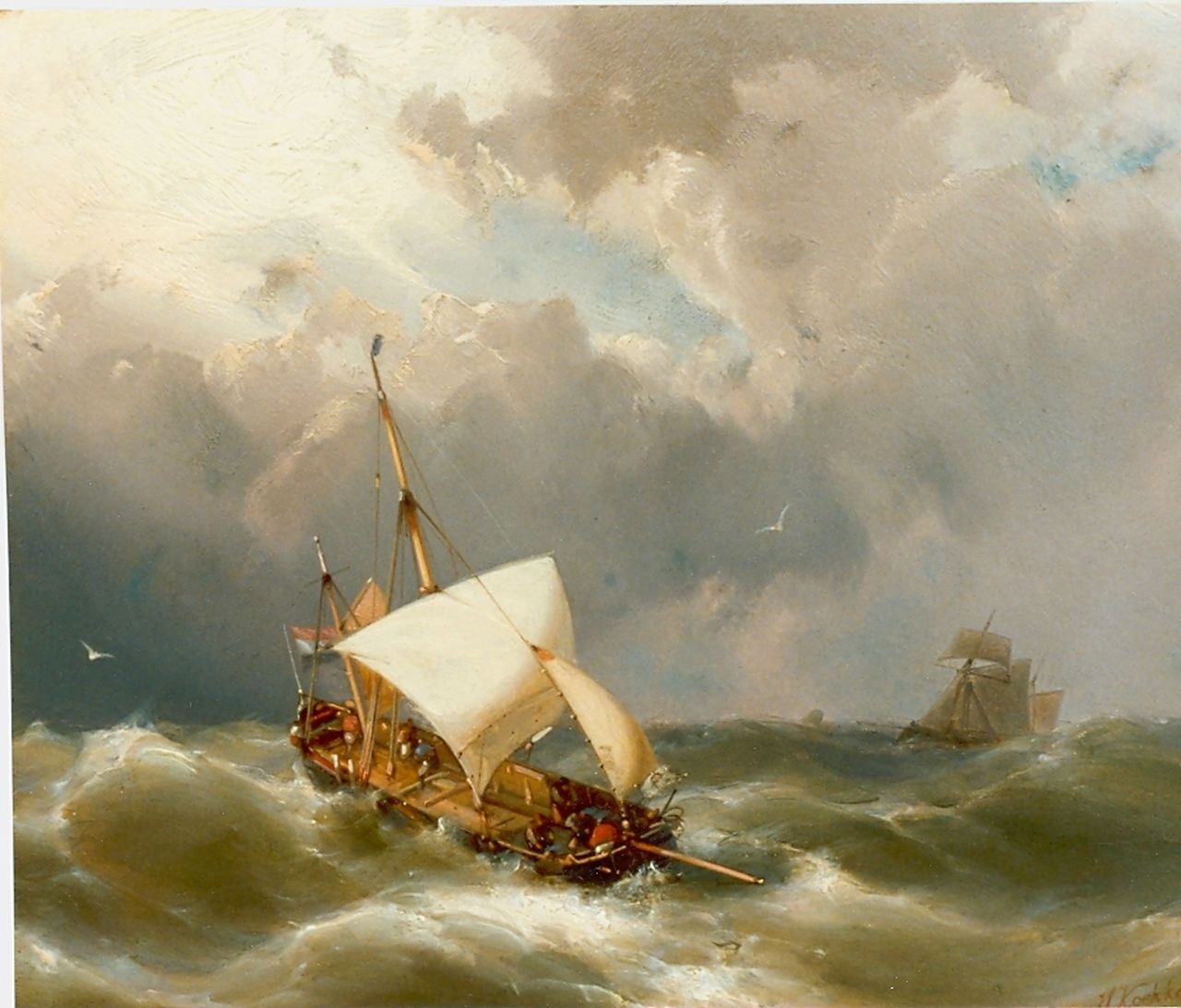 Koekkoek jr. H.  | Hermanus Koekkoek jr., Sailing boat in distress, Öl auf Holz 21,2 x 25,9 cm, signed l.r.