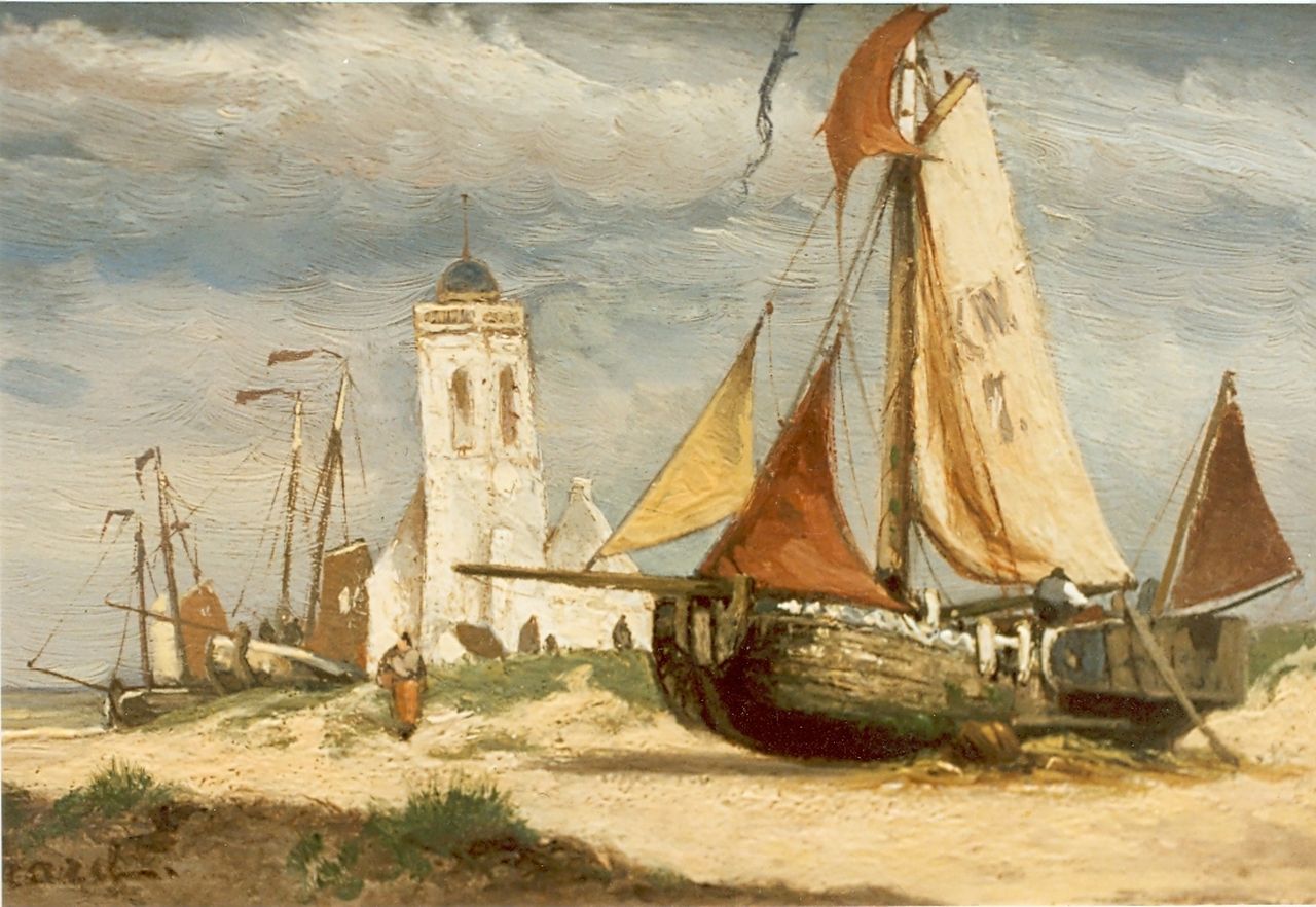 Koekkoek G.J.  | Gerardus Johannes 'Gerard' Koekkoek, Fishing boats on beach, Katwijk, Öl auf Holz 14,5 x 21,5 cm, signed l.l.