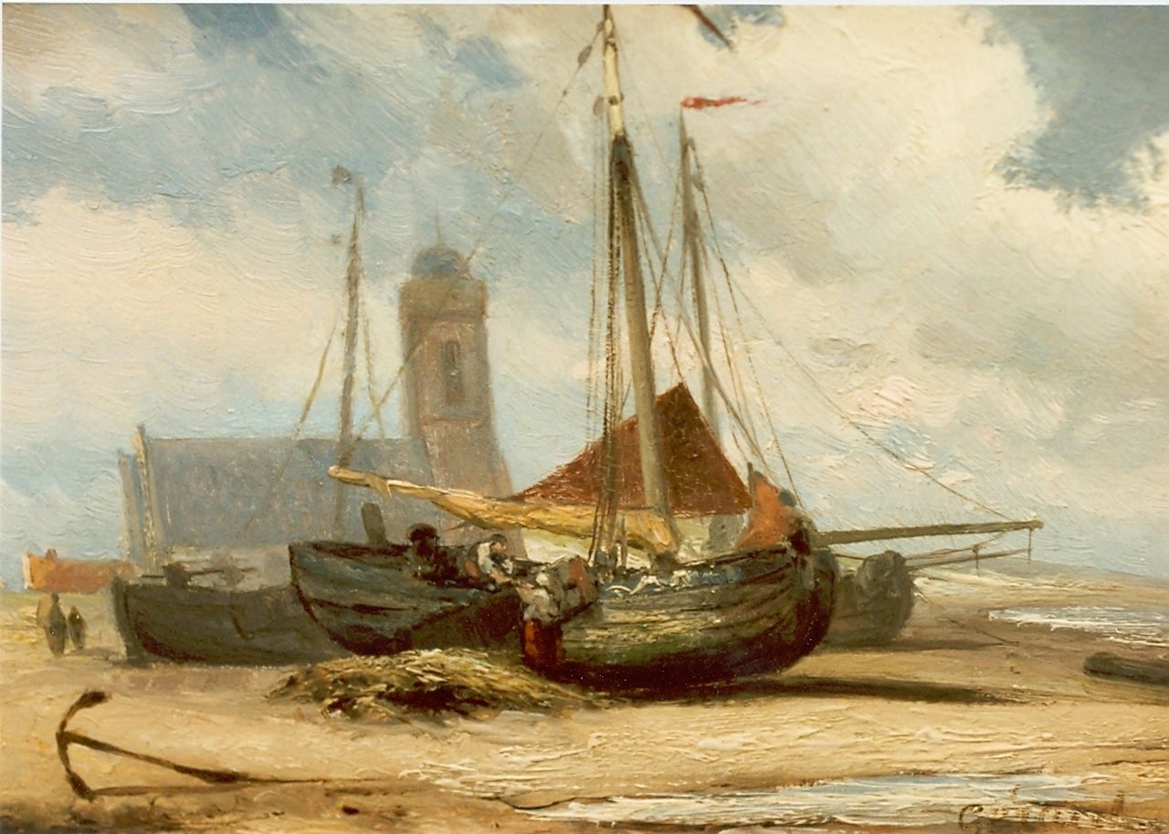 Koekkoek G.J.  | Gerardus Johannes 'Gerard' Koekkoek, Beached boats, Katwijk, Öl auf Holz 14,6 x 23,5 cm, signed l.l.