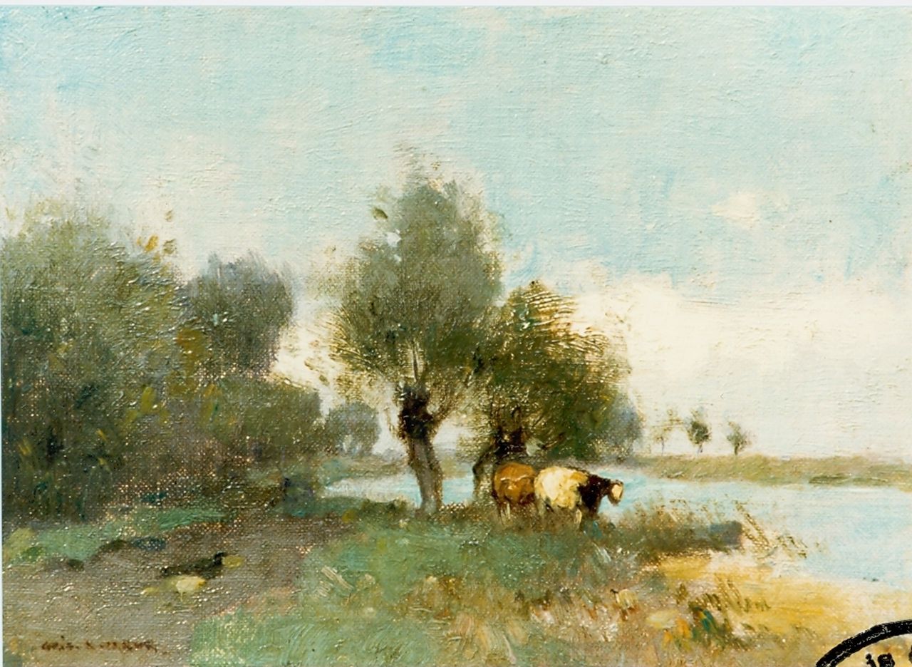 Knikker A.  | Aris Knikker, A river landscape, Öl auf Leinwand auf Holz 15,4 x 21,0 cm, signed l.l.