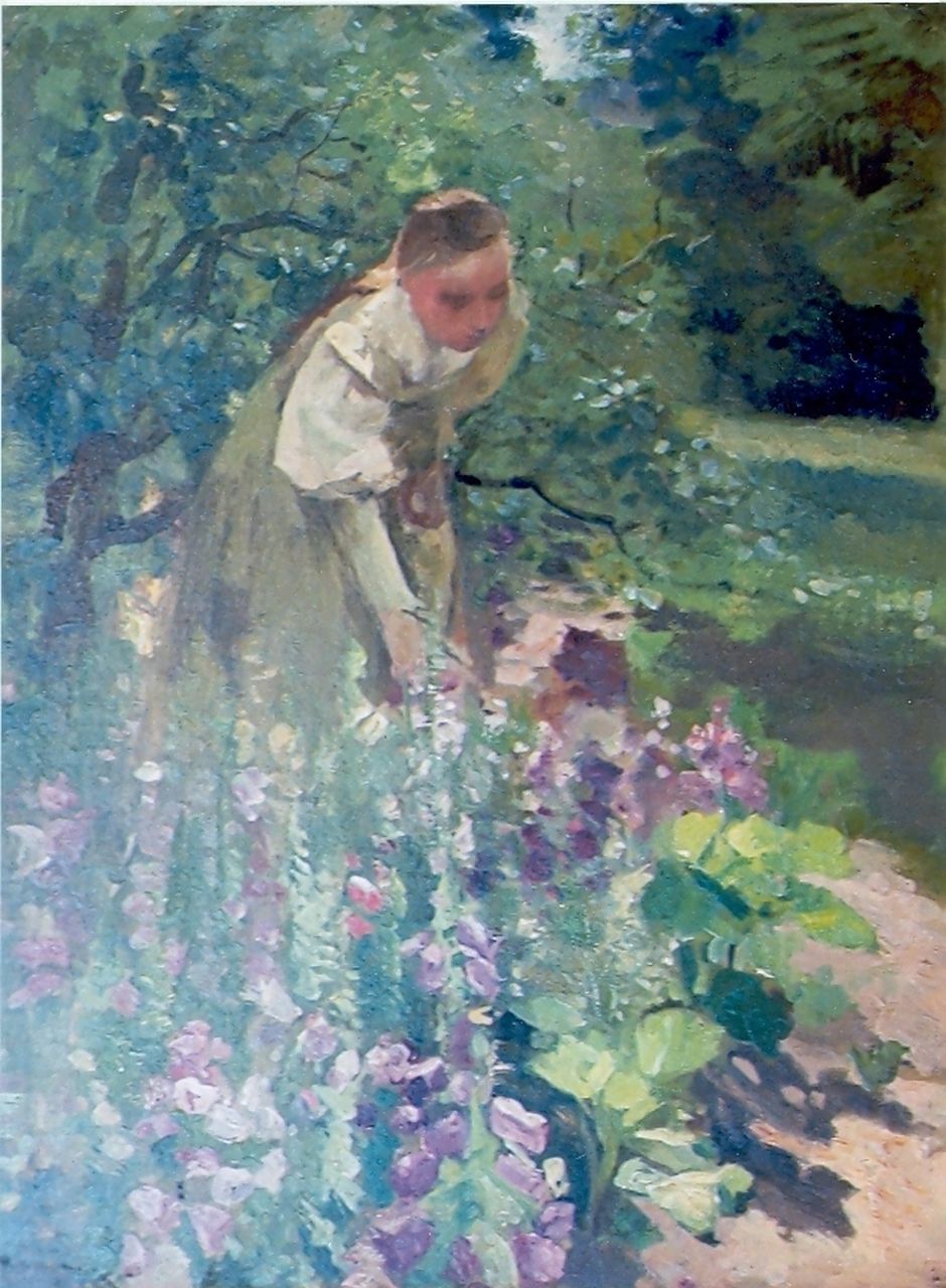 Neuhuys J.A.  | Johannes 'Albert' Neuhuys, Young lady picking flowers, Öl auf Leinwand