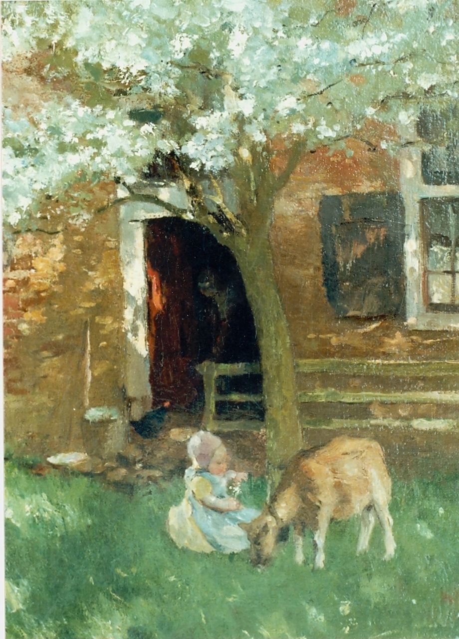 Neuhuys J.A.  | Johannes 'Albert' Neuhuys, A yard with a girl and goat, Öl auf Leinwand 50,5 x 38,8 cm, signed l.r.