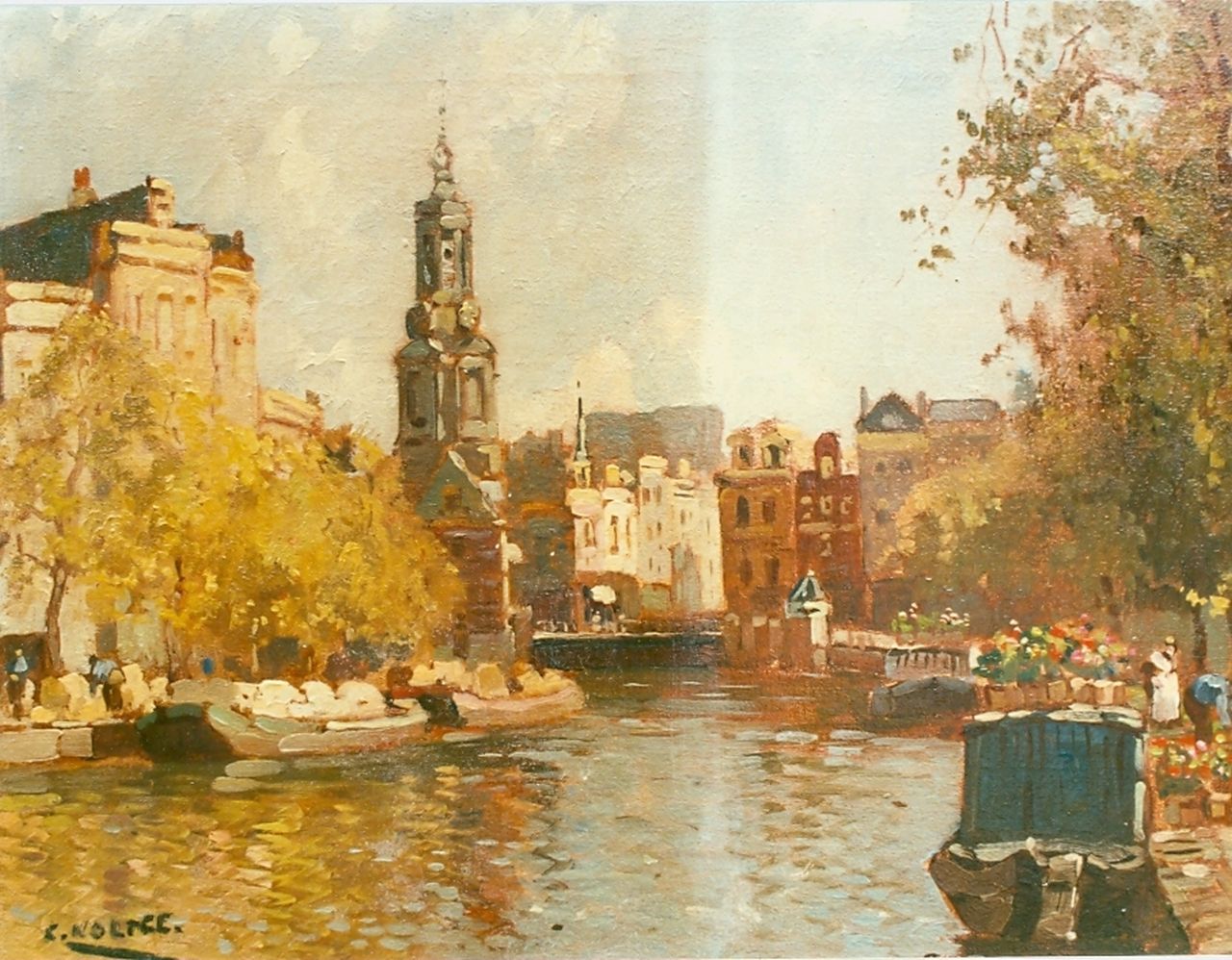 Noltee B.C.  | Bernardus Cornelis 'Cor' Noltee, Moored boats in a canal, Amsterdam, Öl auf Leinwand, signed l.l.