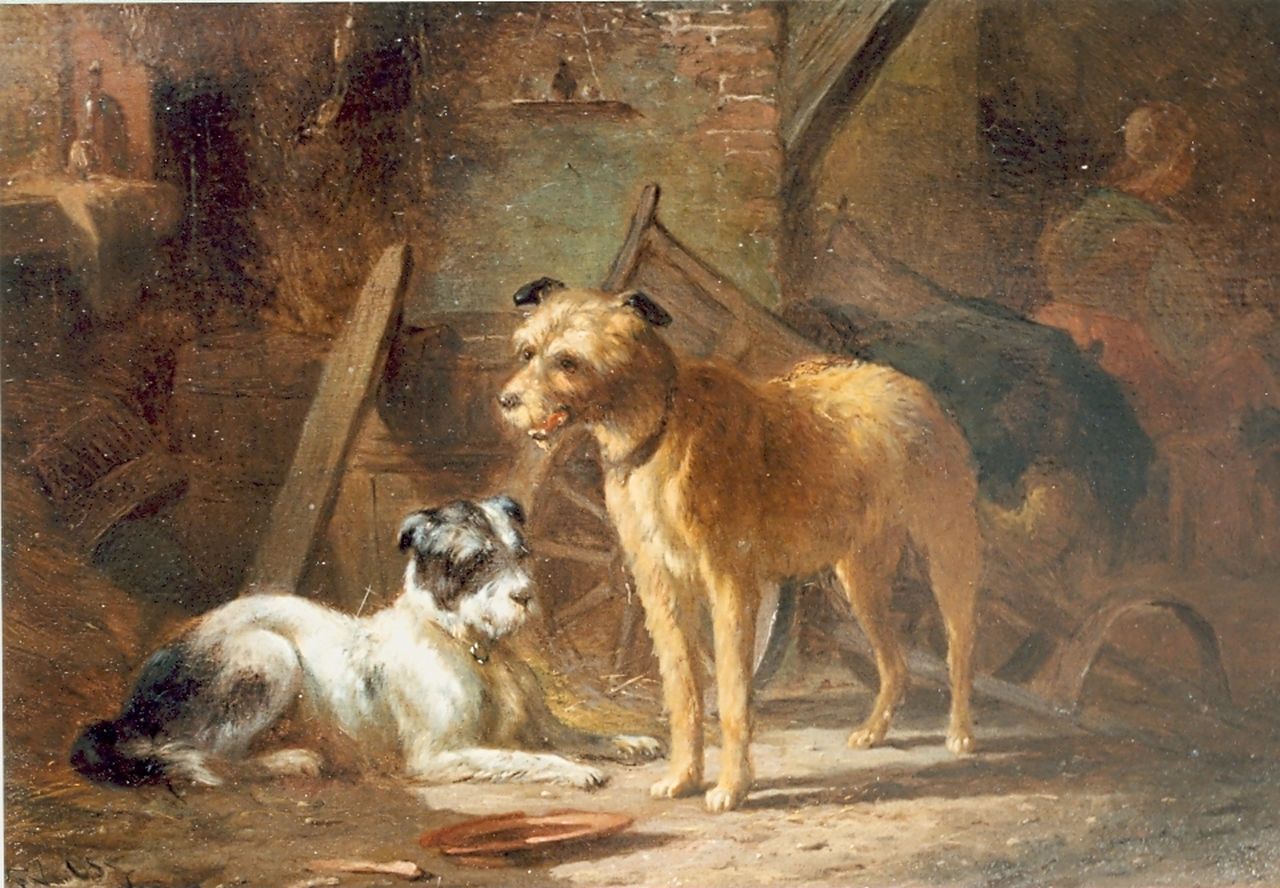 Os P.F. van | Pieter Frederik van Os, Two dogs, Öl auf Holz 18,9 x 27,0 cm, signed l.l.