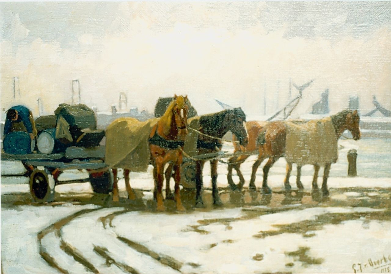 Overbeek G.J. van | Gijsbertus Johannes van Overbeek, Horse-drawn cart in a snow-covered landscape, Öl auf Leinwand 35,0 x 50,0 cm, signed l.r. und dated 1919